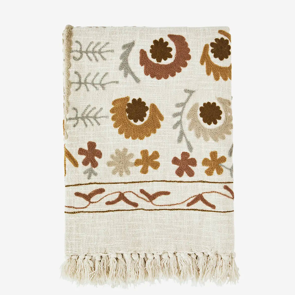 Suzani Floral embroidered throw - Off White, Tobacco