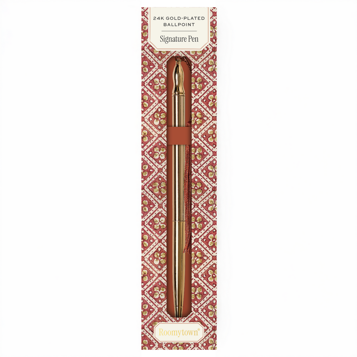 24K Gold Plated Ballpoint Pen by Roomytown in ornate red and gold patterned packaging.