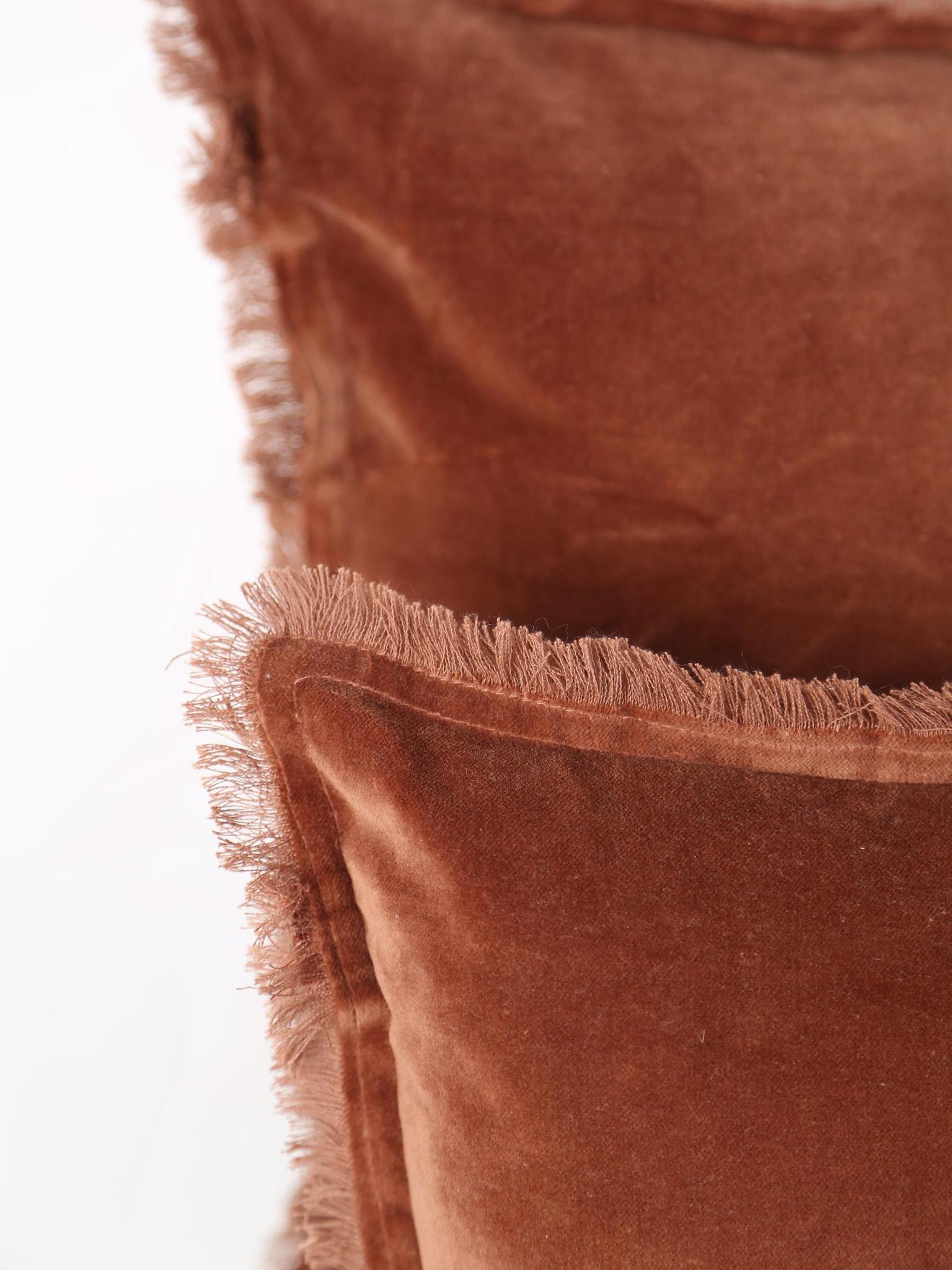 Fara Fringed Velvet Cushion - Caramel - 3 Sizes Available