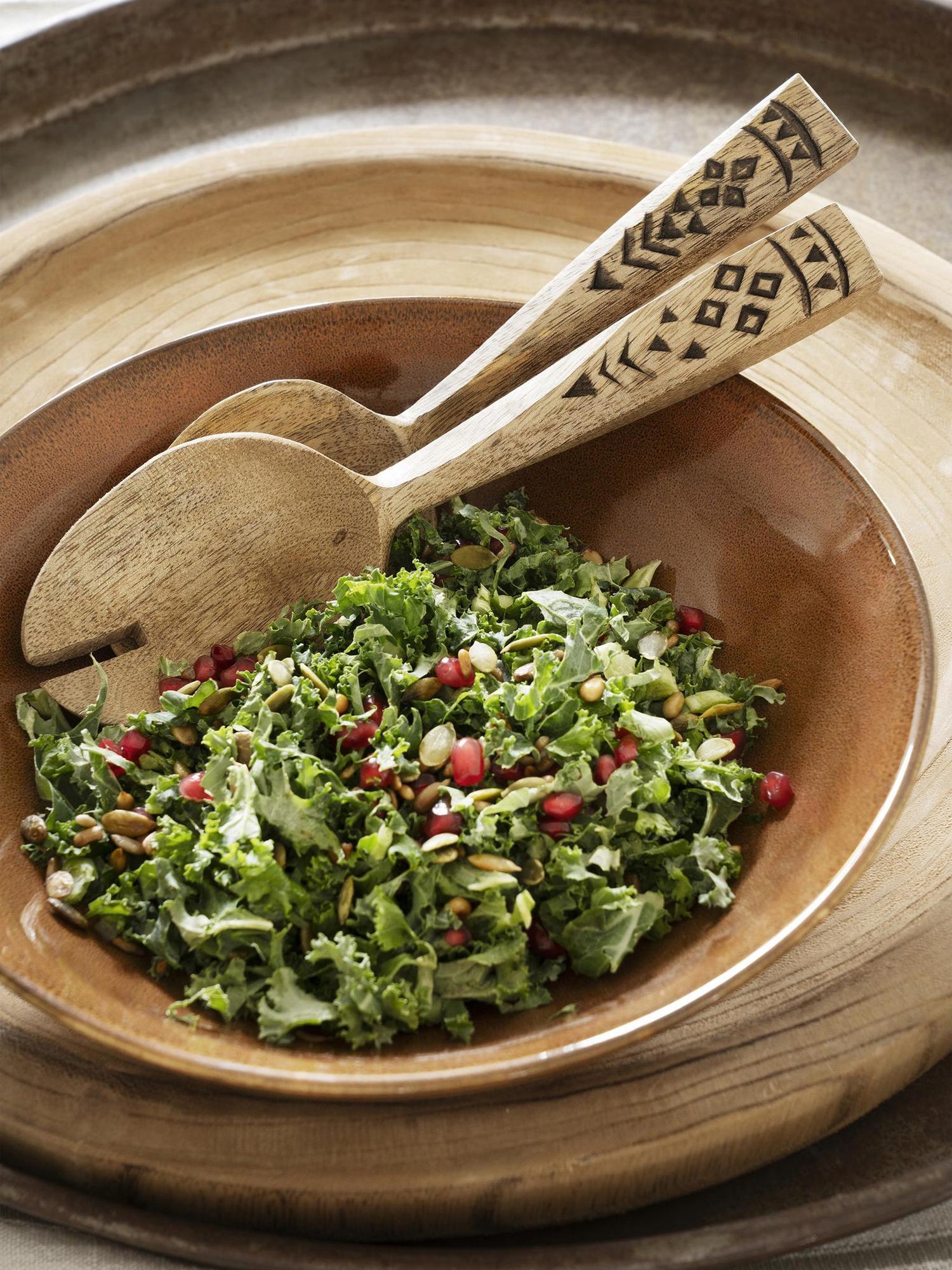 Hand Carved Wooden Salad Set