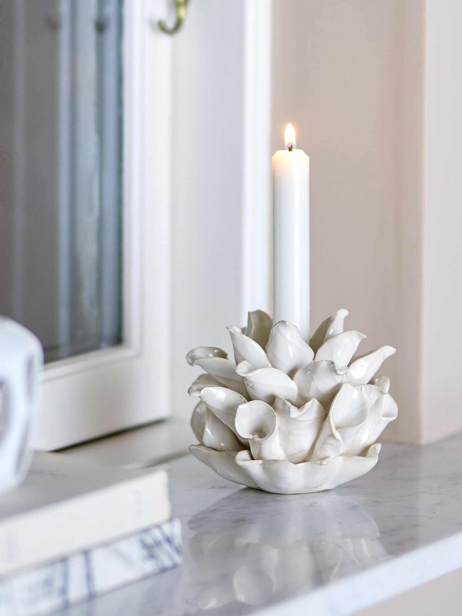 Phyllis Stoneware Flower Candle Holder - White