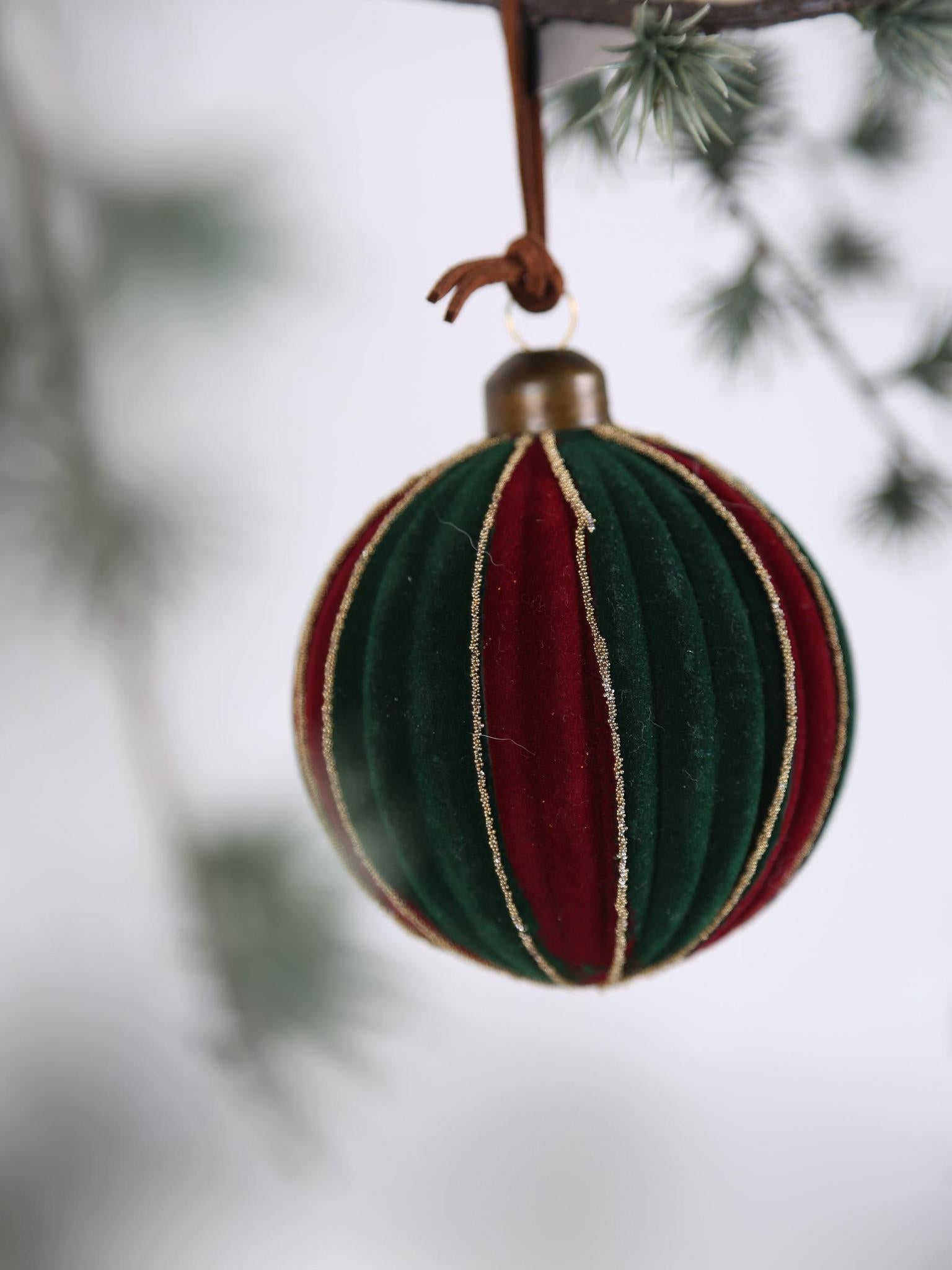 Youra Dark Velvet Green glass stripes ball Ornament