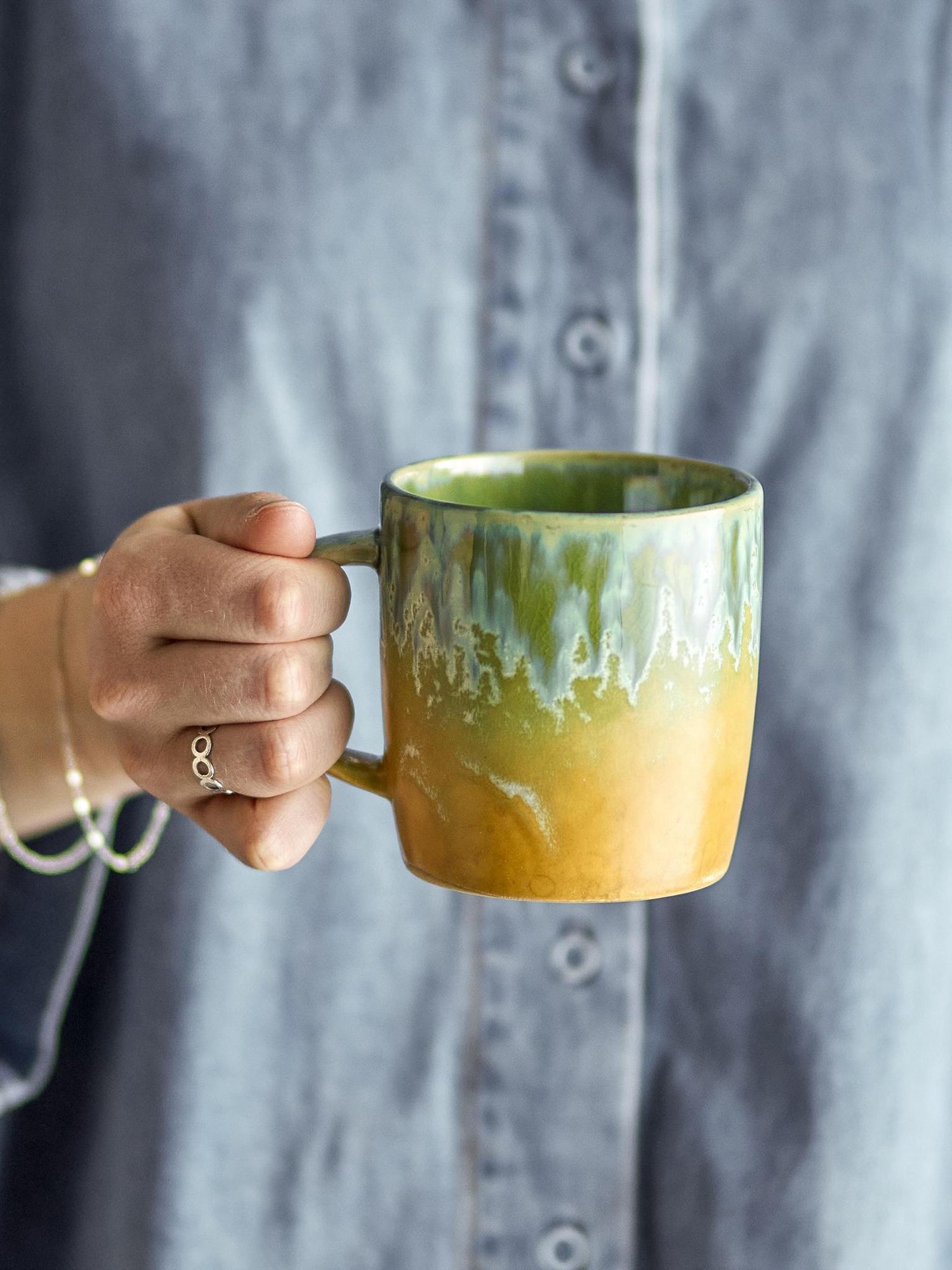 Milani Mug - Green, Ochre Patterned - Stoneware