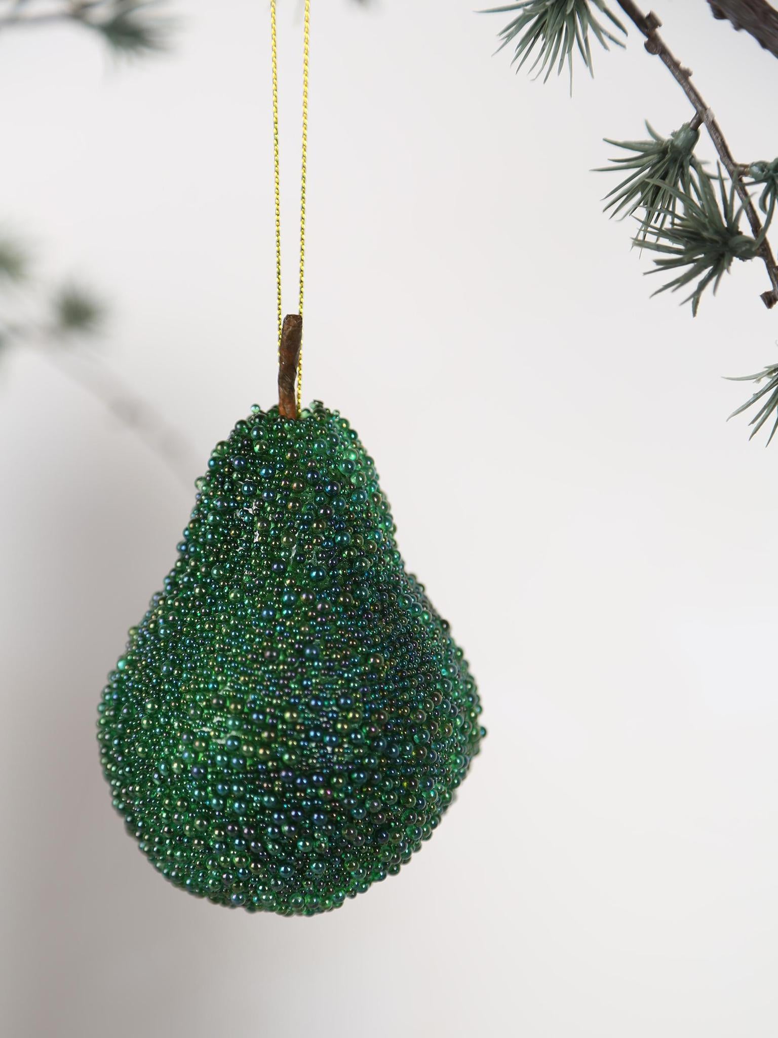 Decorative Beaded Pear ornament - Emerald