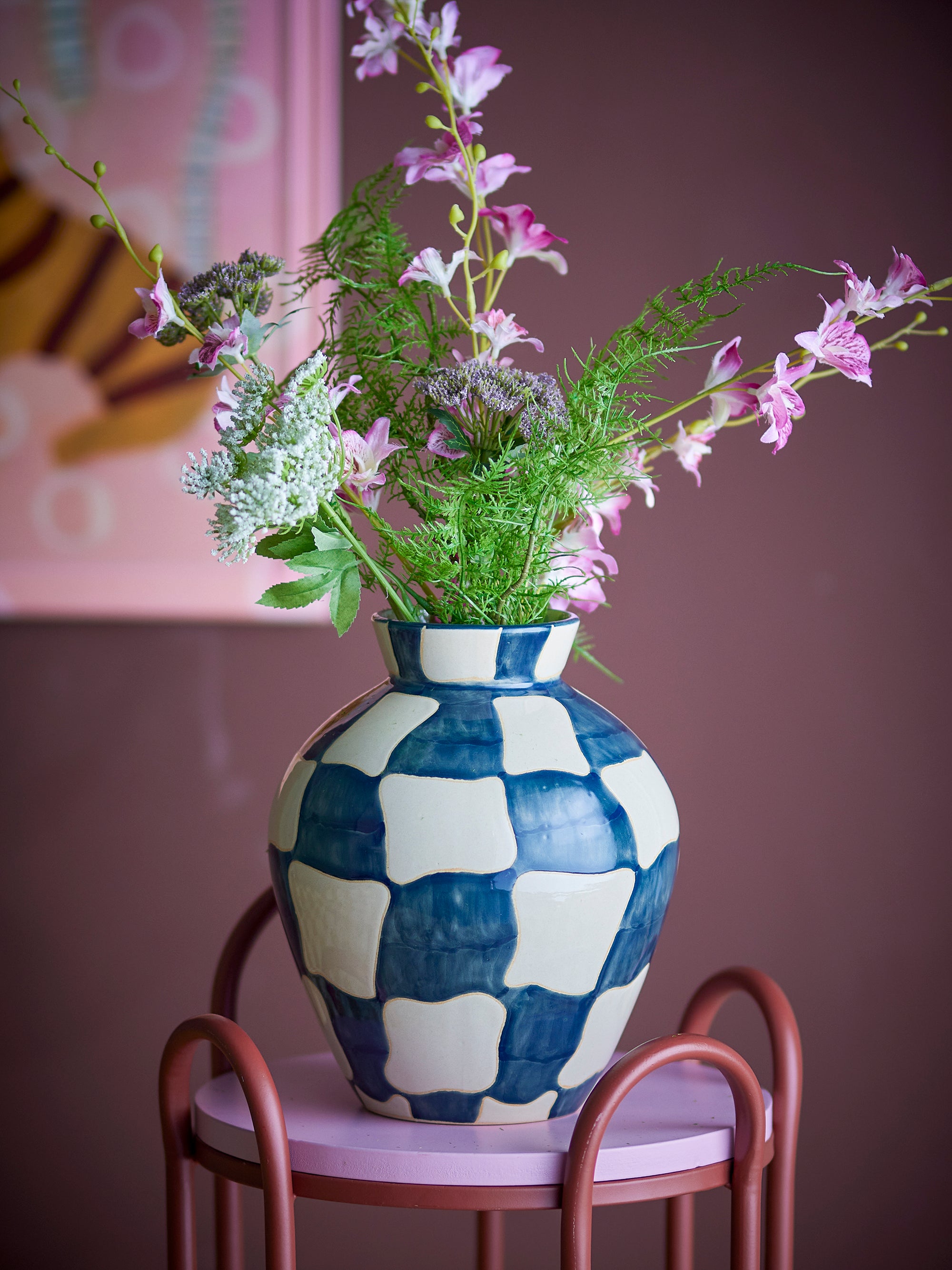 Check Ceramic Vase - White, Navy, Turqoise