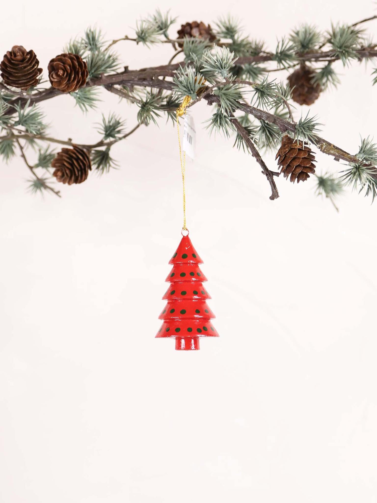 Dotted Hand painted Christmas Tree Ornament - Red
