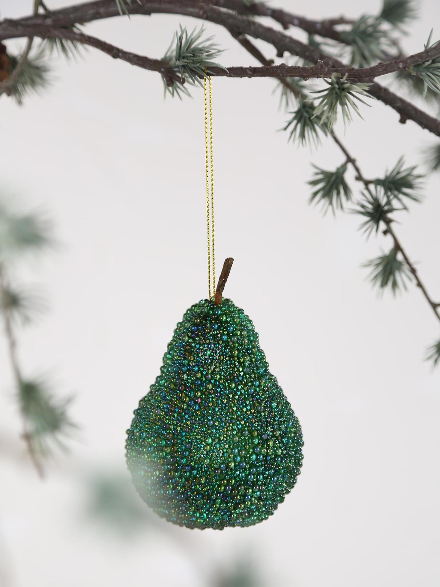Decorative Beaded Pear ornament - Emerald