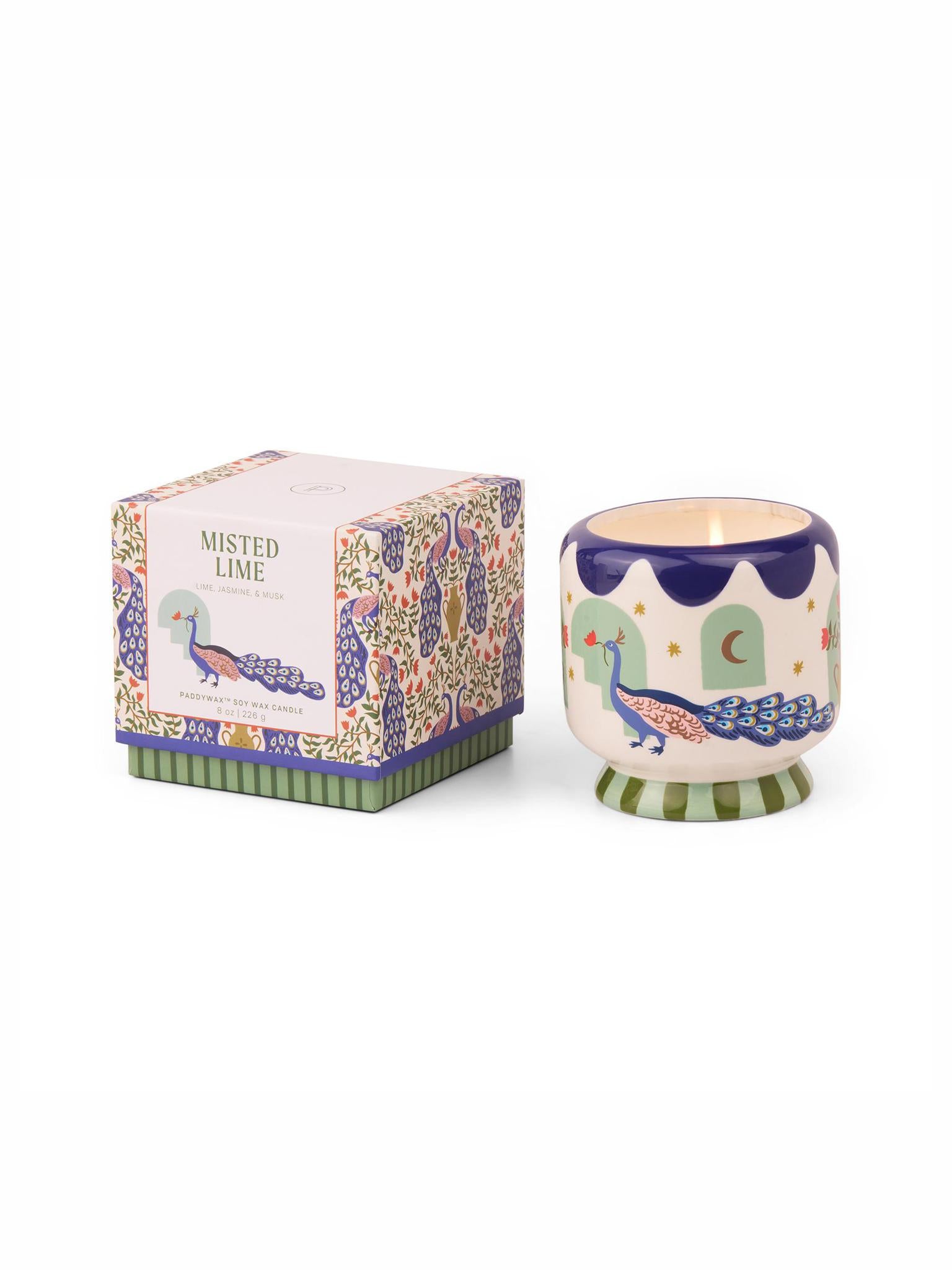 Adopo Hand-painted 8 oz Peacock Ceramic Boxed Candle - Misted Lime