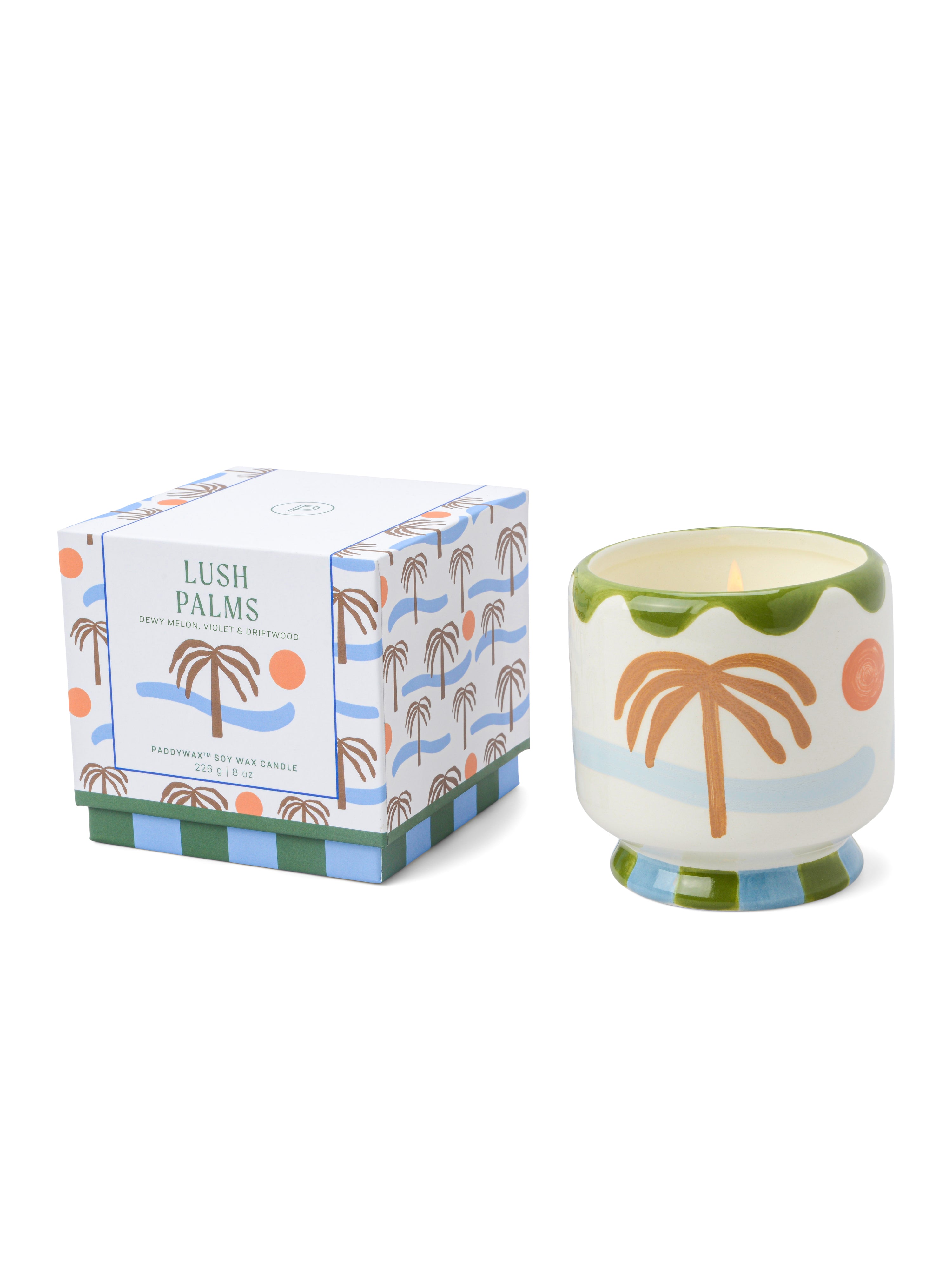 Adopo 8 oz Hand-Painted Palm Tree Ceramic Boxed Candle - Melon, Violet & Driftwood