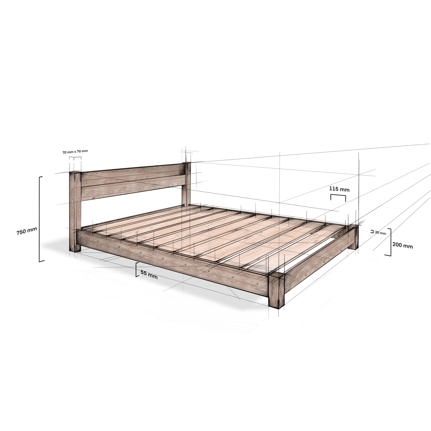 Model 04 – Handmade Low Wooden Bed - Colour & Size Options Available