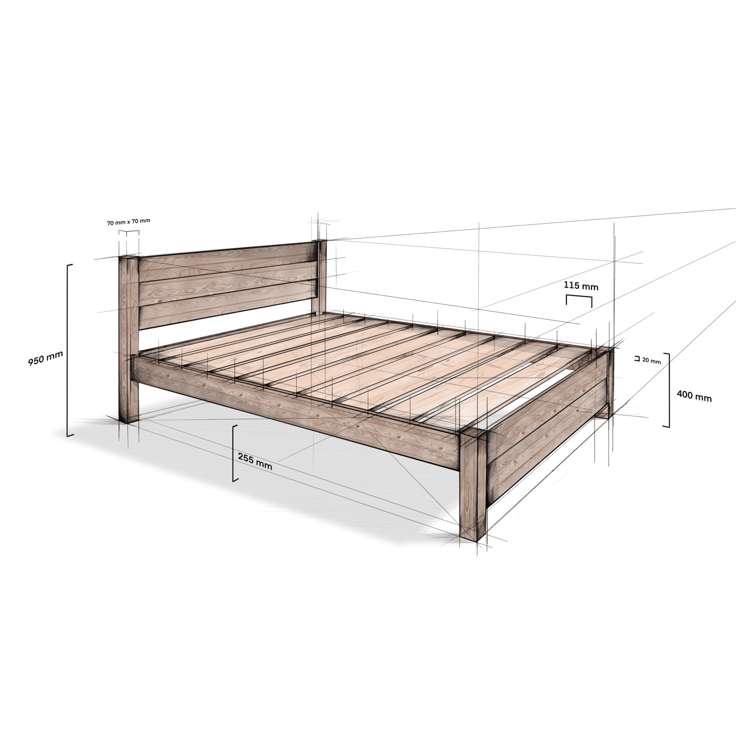 Model 03 – Handmade Wooden Standard Height Bed - Colour & Size Options Available