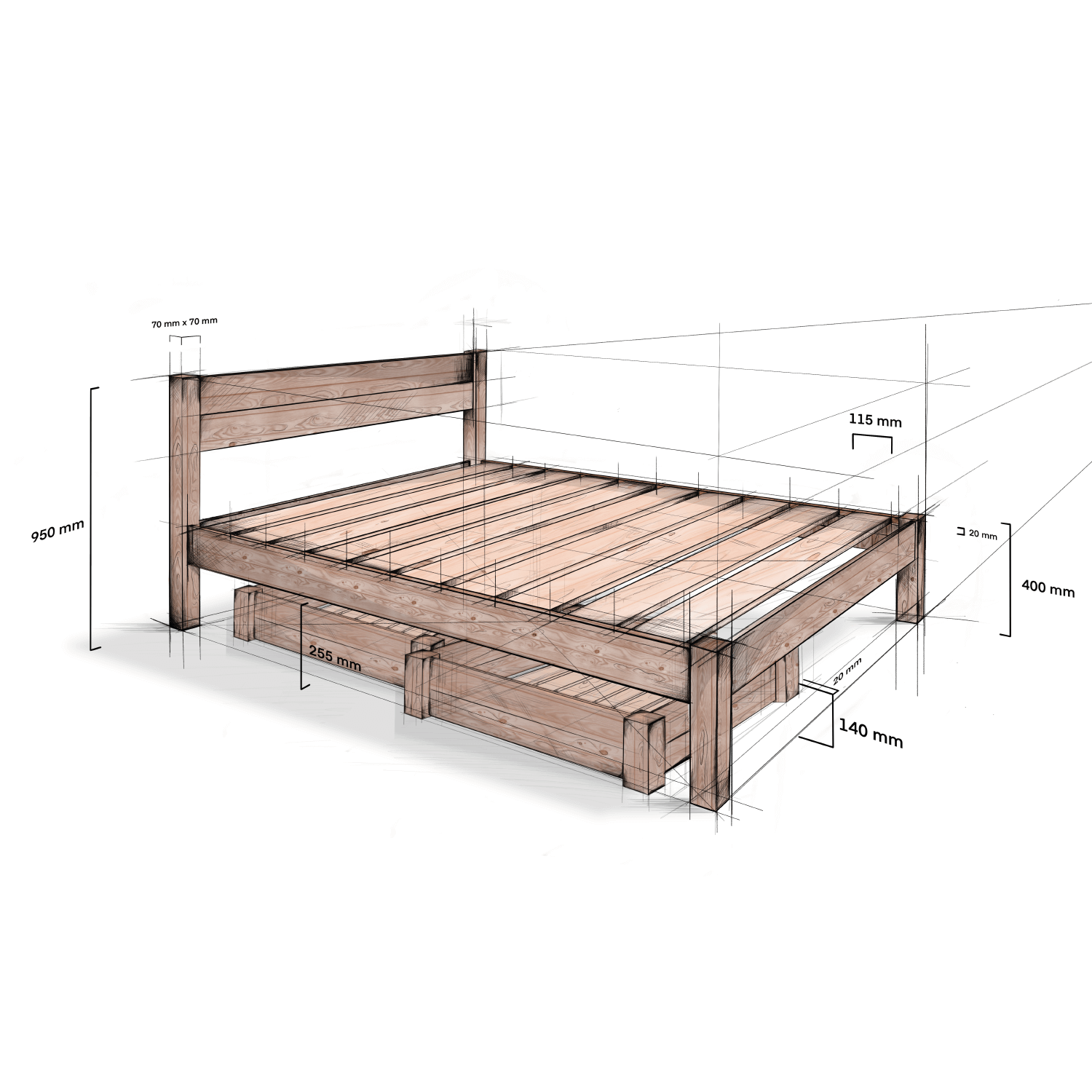 Handmade Under Bed Drawer - For Bed Models 1, 2 & 3 - Colour Options Available