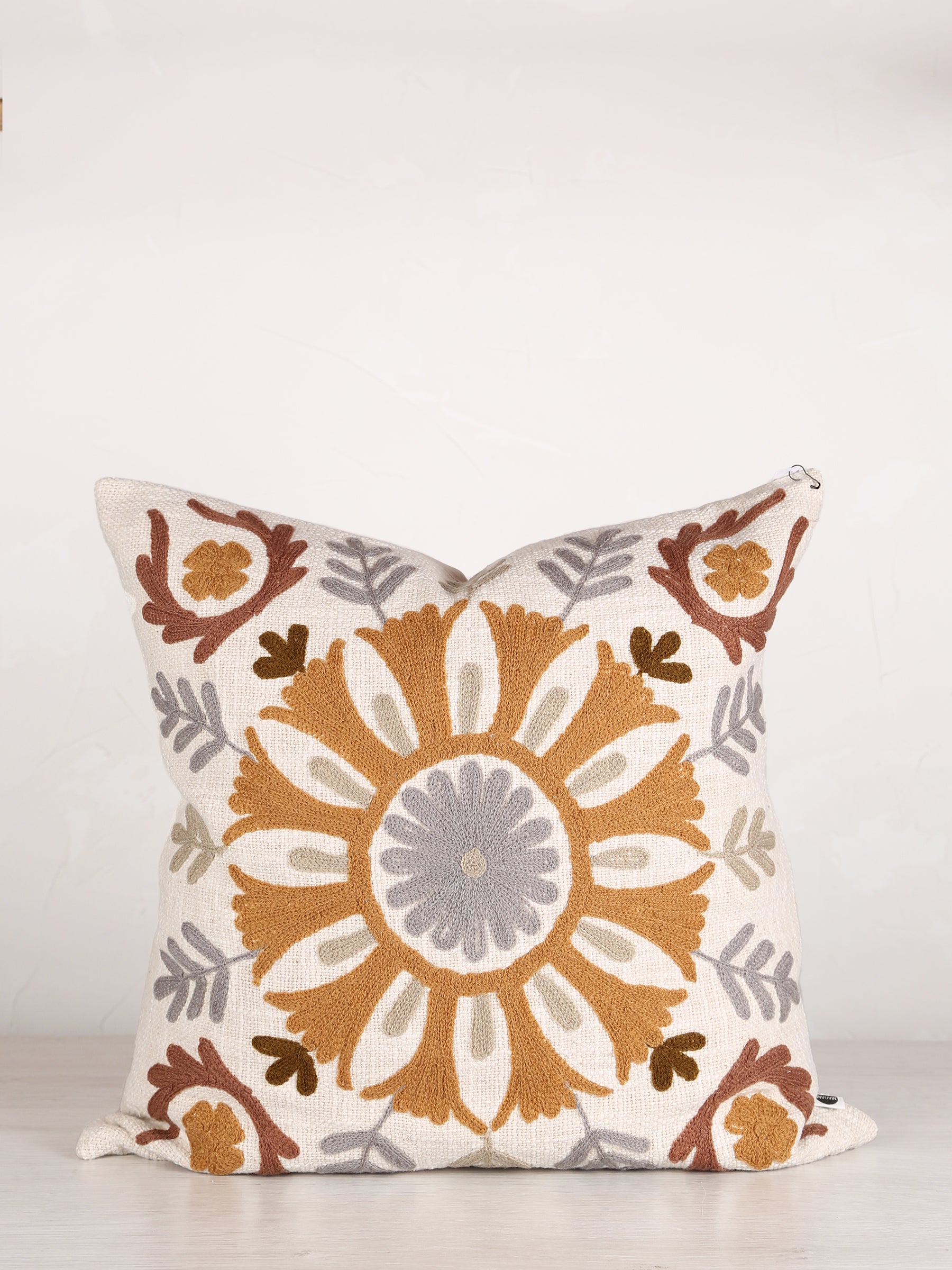Suzani Floral embroidered cushion - Off White Tobacco - 45x45cm