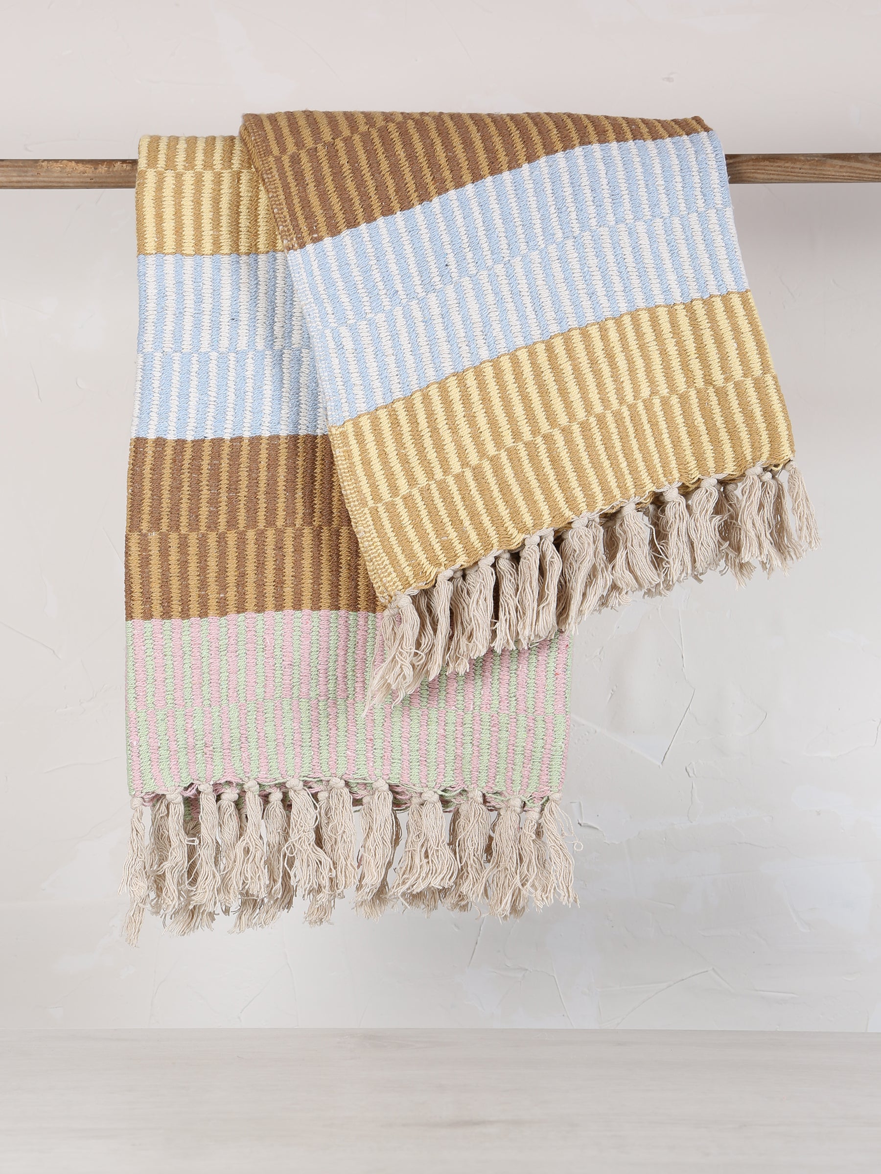 Isnel Throw - Recycled Cotton - Striped Pale blue, Warm Ochre