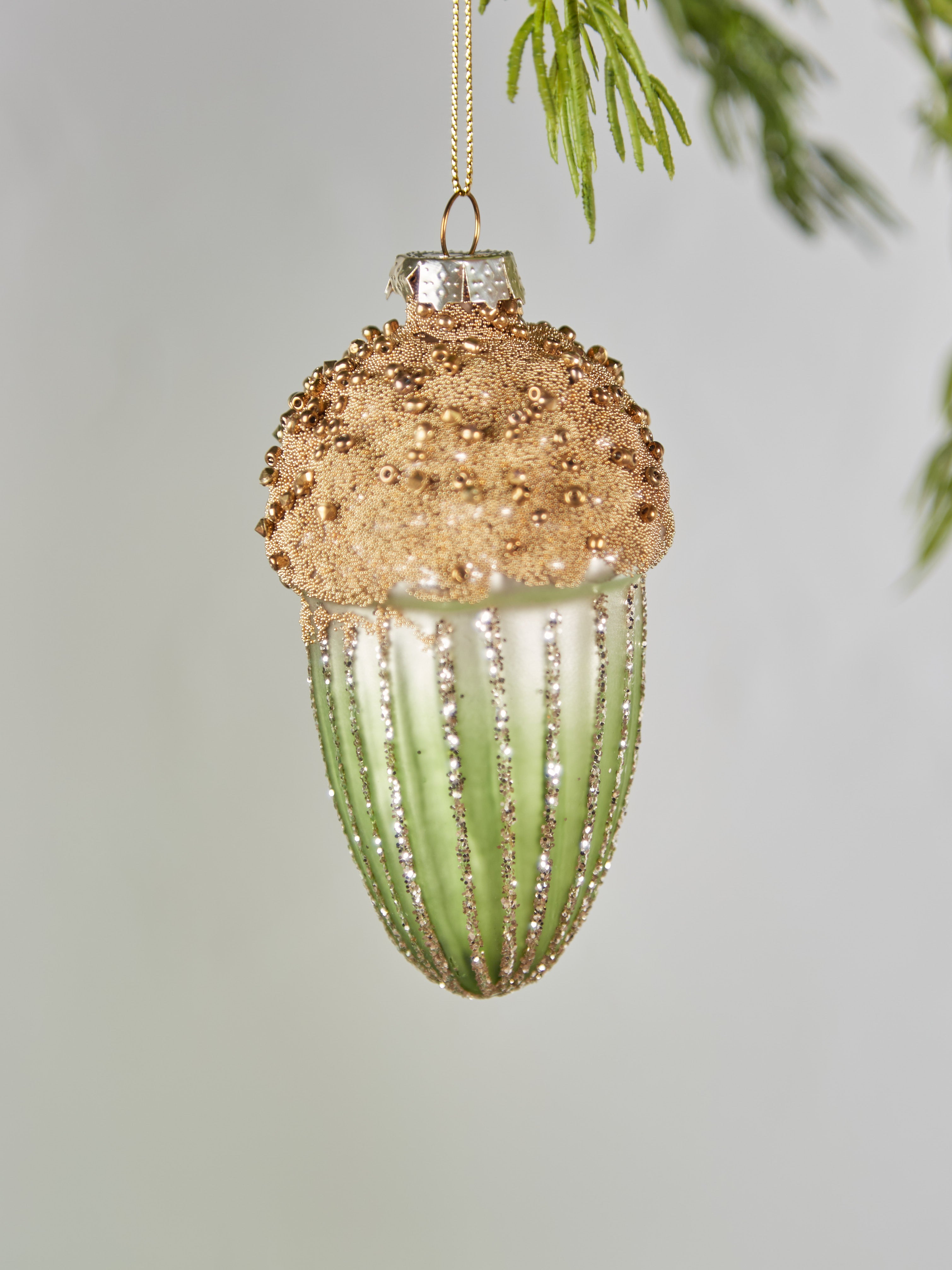 Green and Gold Glass Acorn Bauble