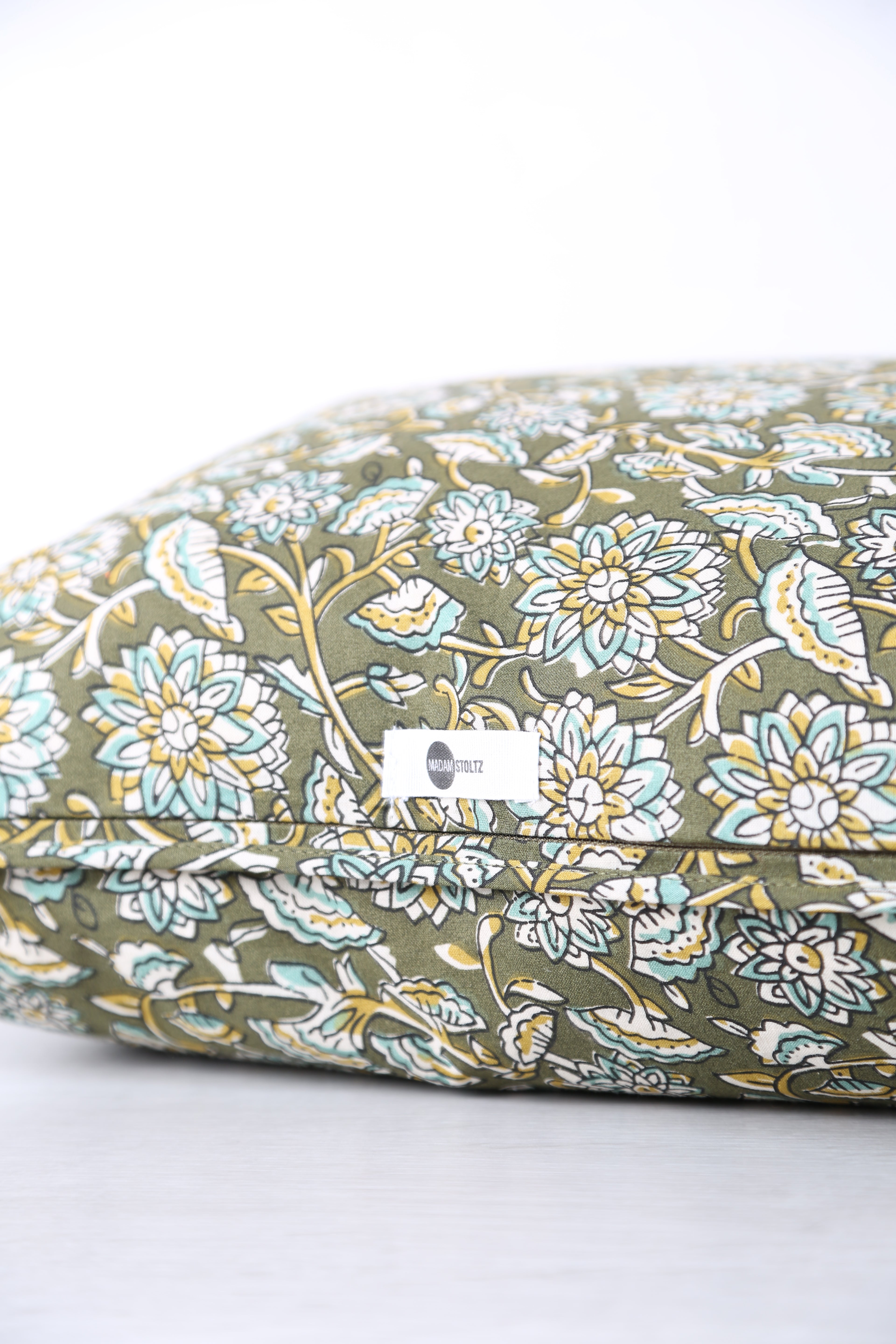 Auntal Block Print Inspired Cushion - Olive, Aloe