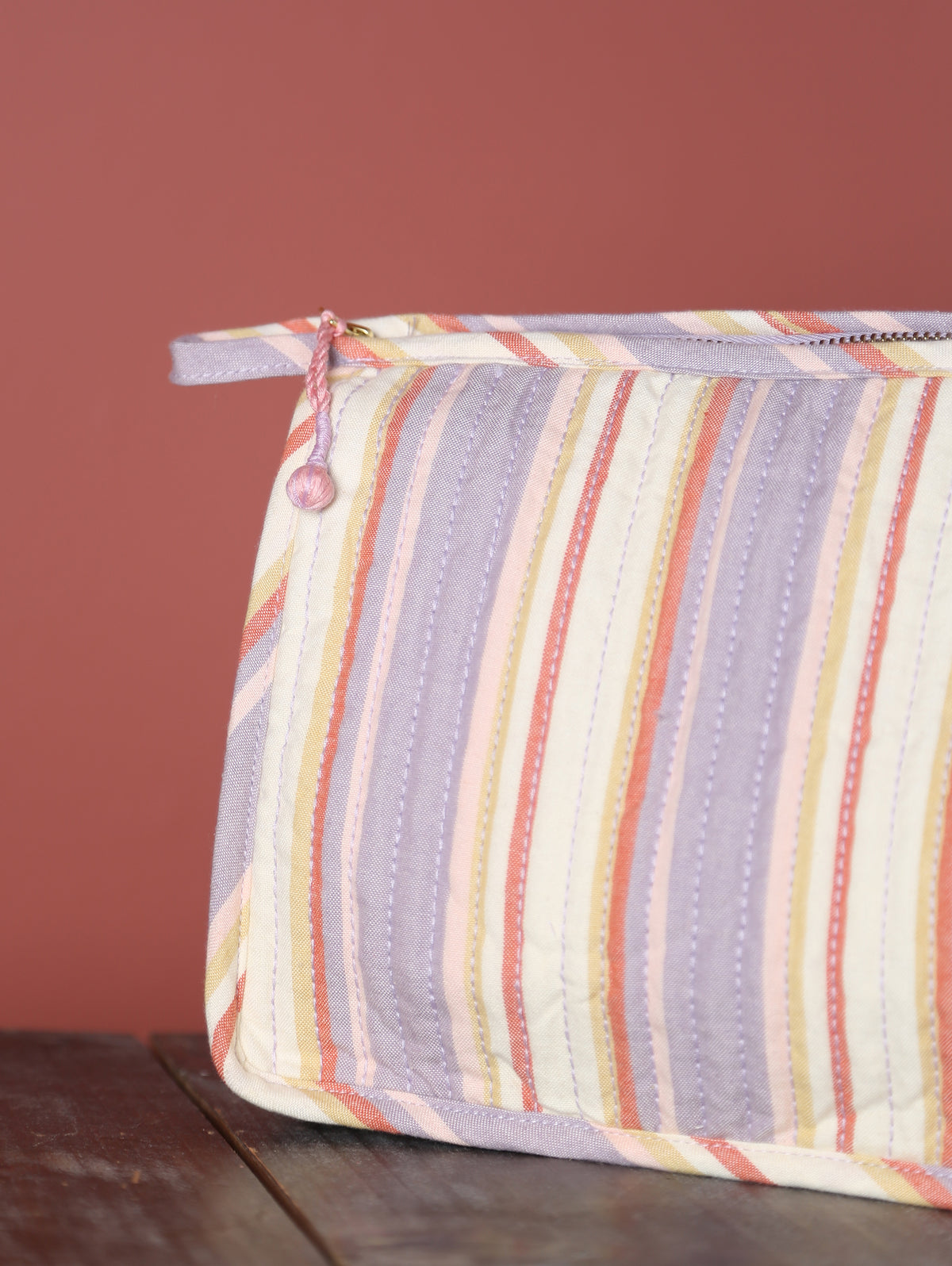 Striped Quilted Cotton Small Washbag - Lilac, Cream
