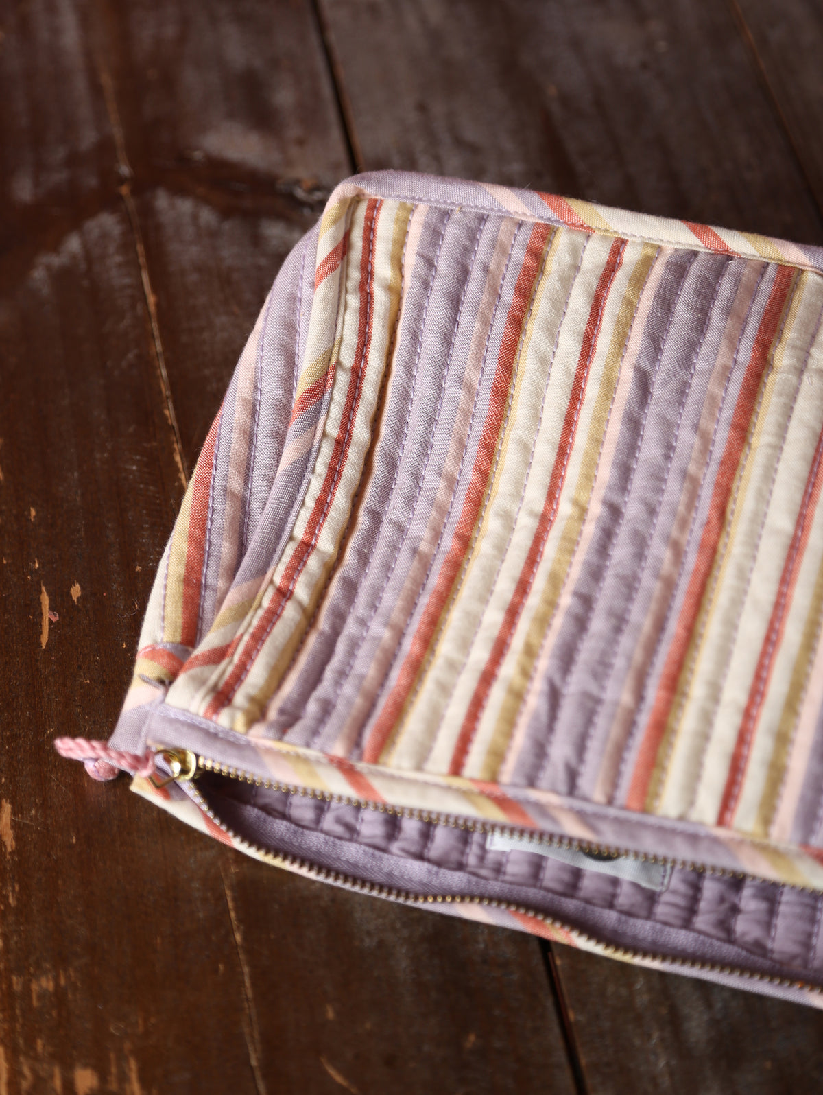 Striped Quilted Cotton Small Washbag - Lilac, Cream