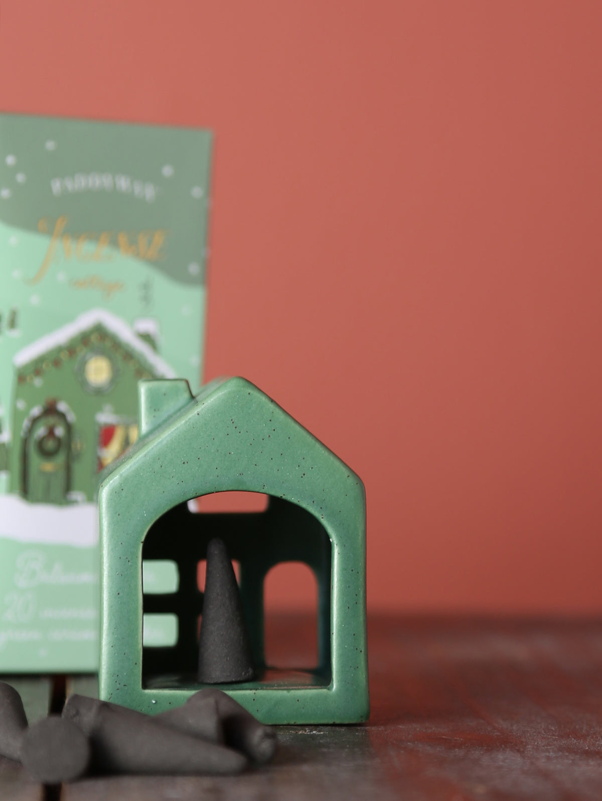 Ceramic Village Incense Holder - Green Cottage - Balsam & Fir