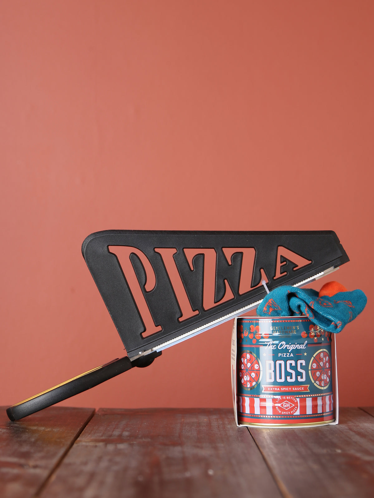 Tin of Pizza Motif Socks & Pizza Scissors Bundle