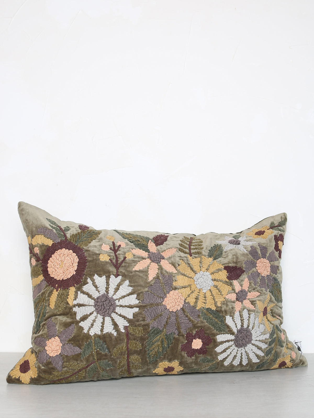 Embroidered Floral Velvet Cushion - Dark Olive, Multi