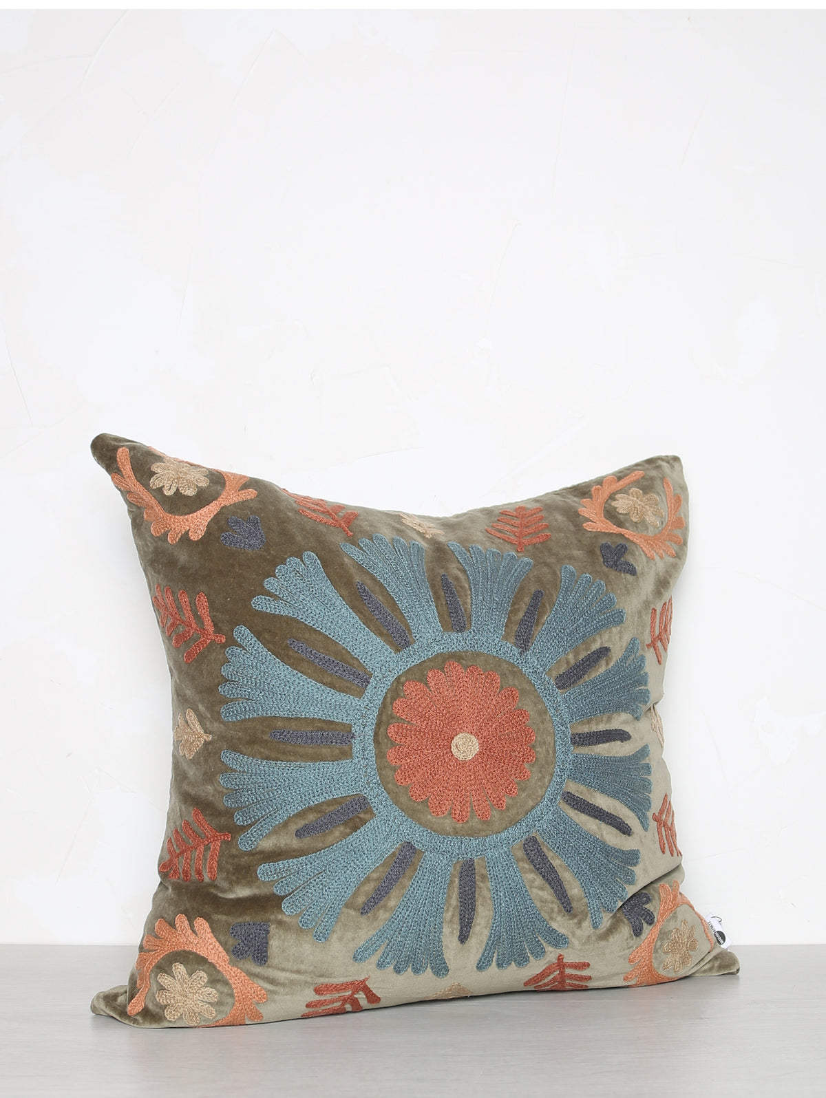 Deep Olive Suzani Embroidered Cushion