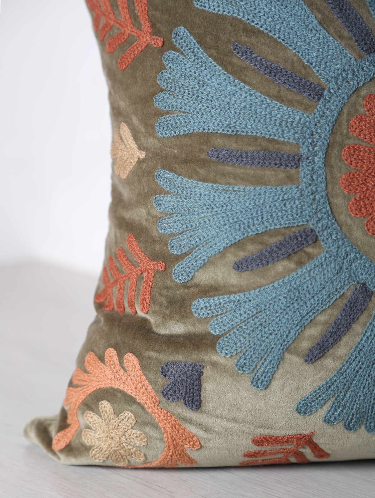 Deep Olive Suzani Embroidered Cushion