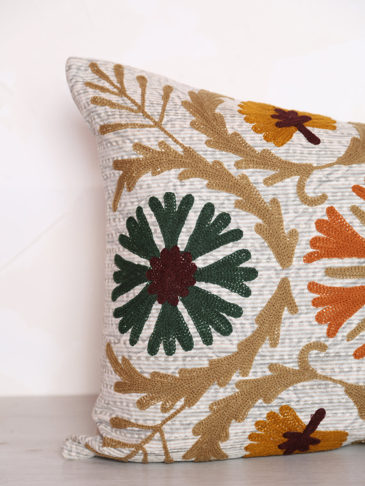 Embroidered Floral Velvet Cushion - Mustard, Orange
