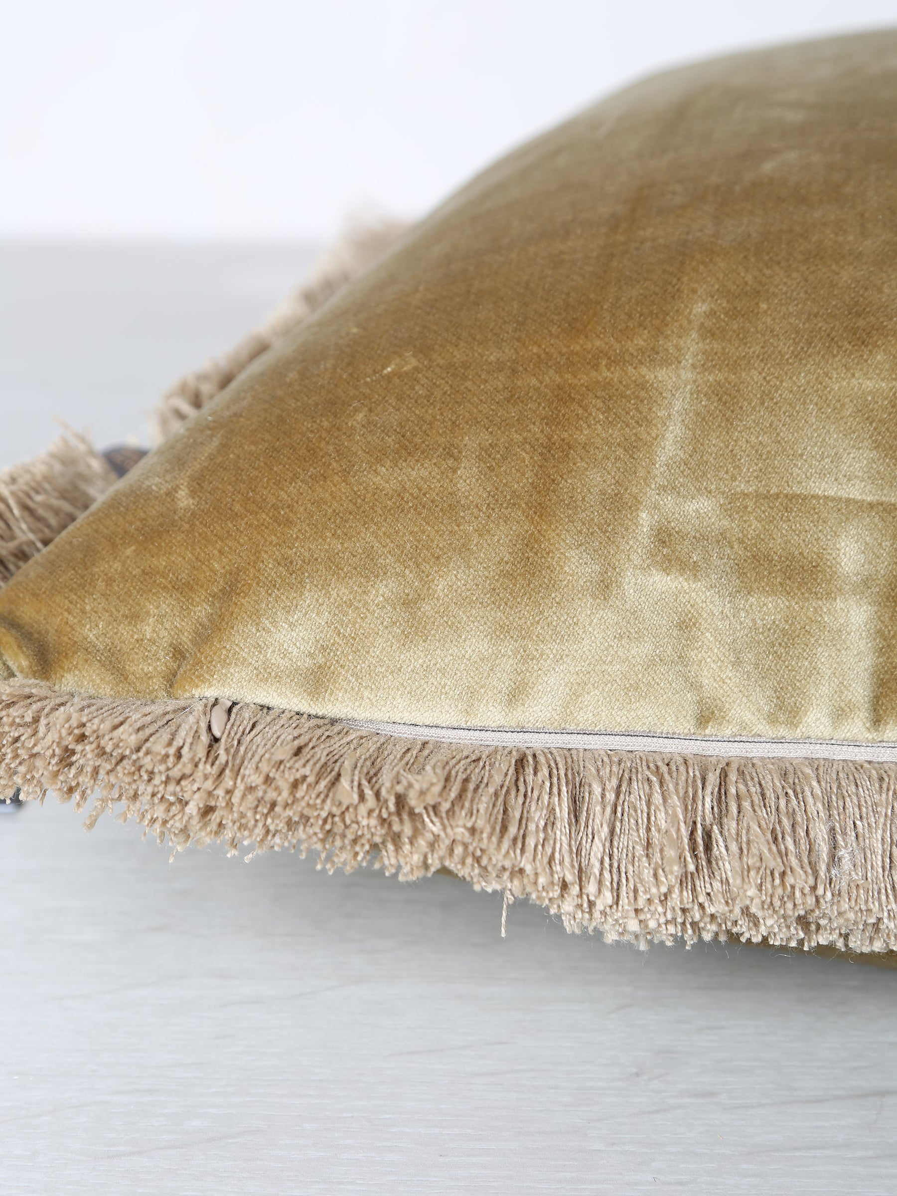 Elodie Velvet Fringed Cushion - Dusty Olive - 43 X 43cm