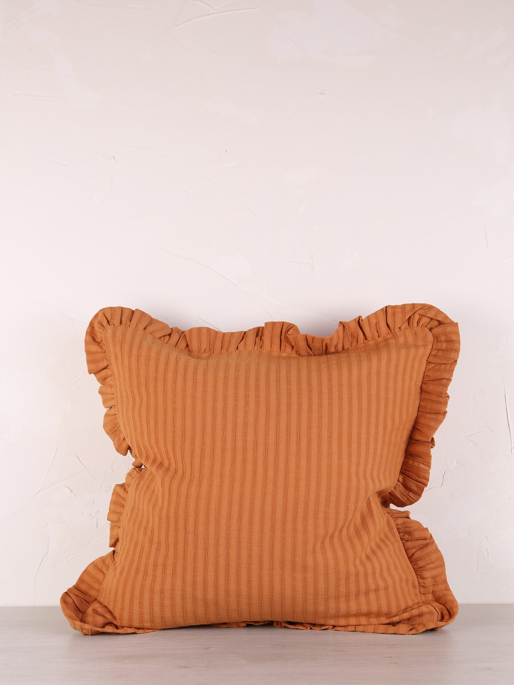Rubie Ruffled Stripe Cotton Cushion - Rust, Ochre