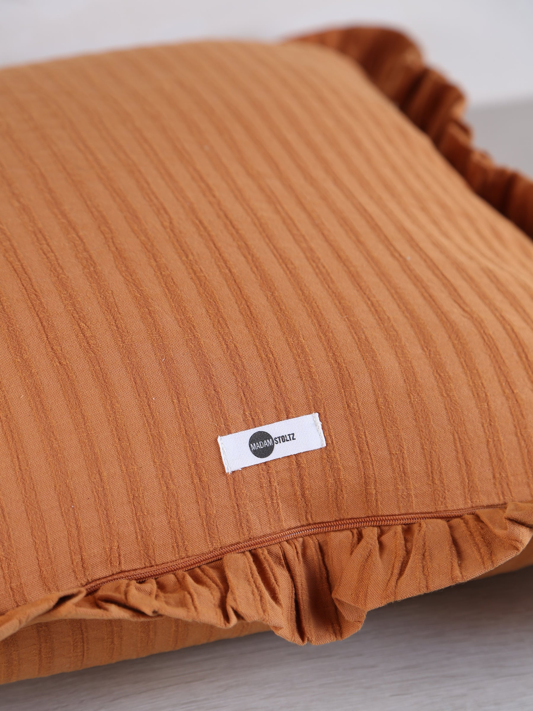 Rubie Ruffled Stripe Cotton Cushion - Rust, Ochre
