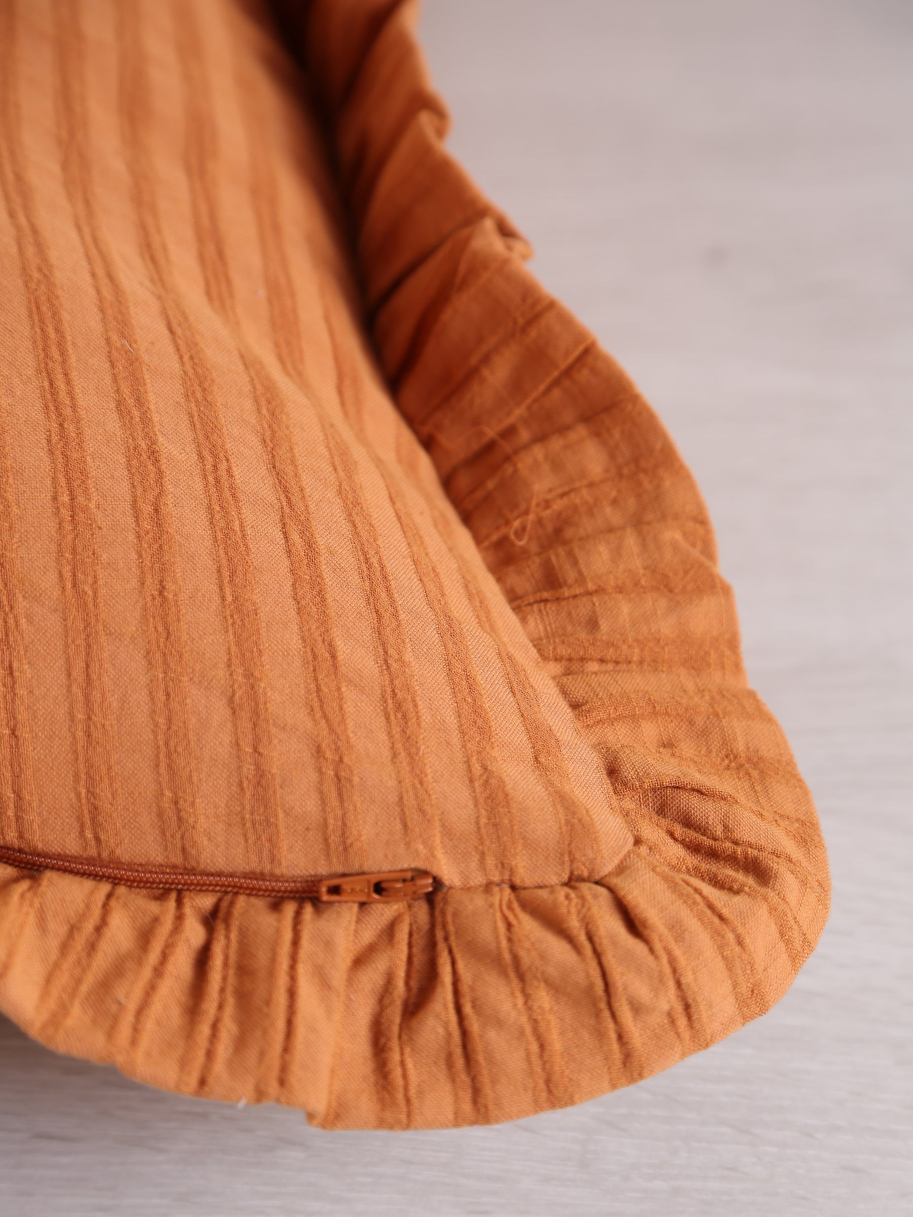 Rubie Ruffled Stripe Cotton Cushion - Rust, Ochre