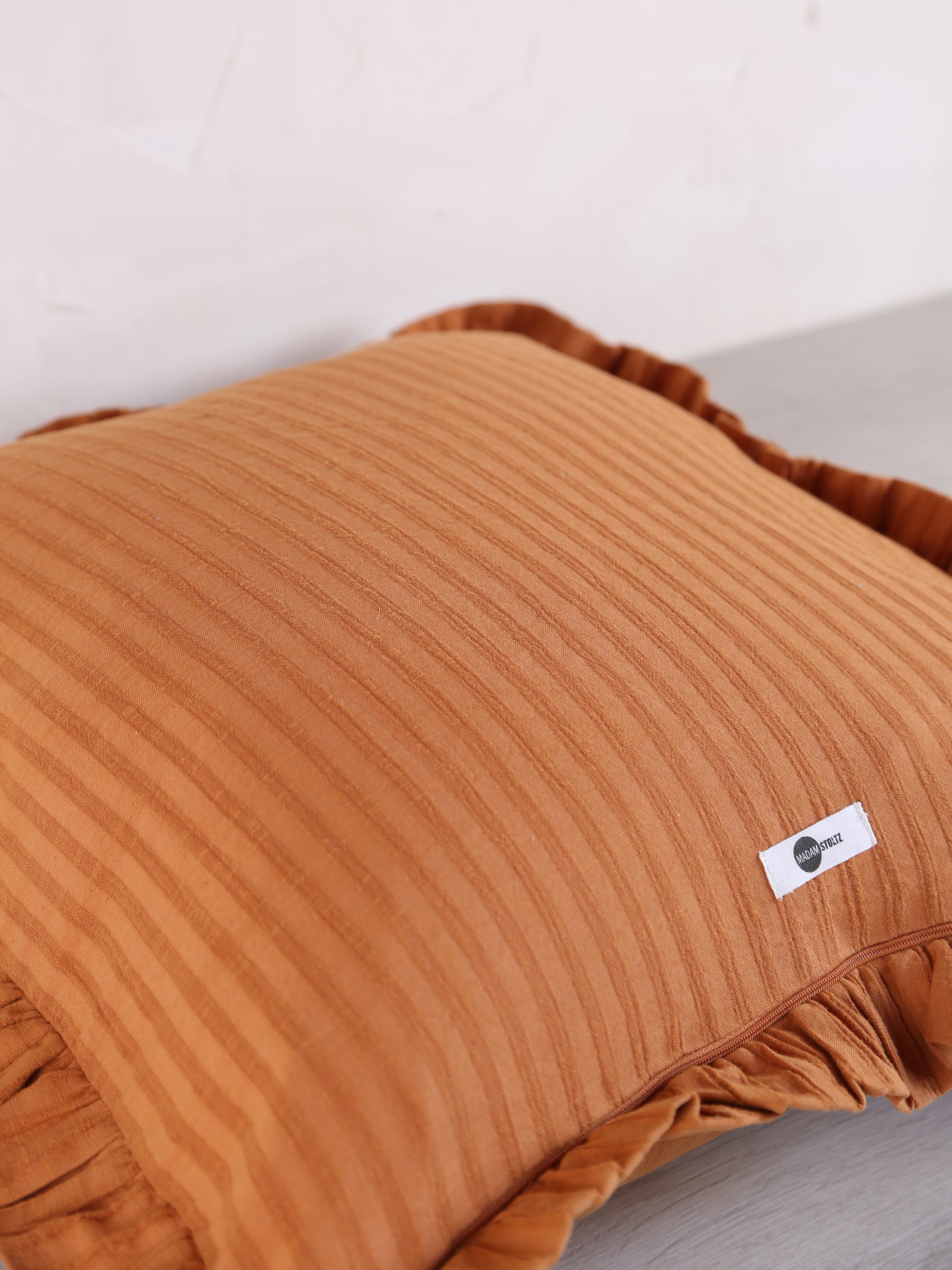 Rubie Ruffled Stripe Cotton Cushion - Rust, Ochre