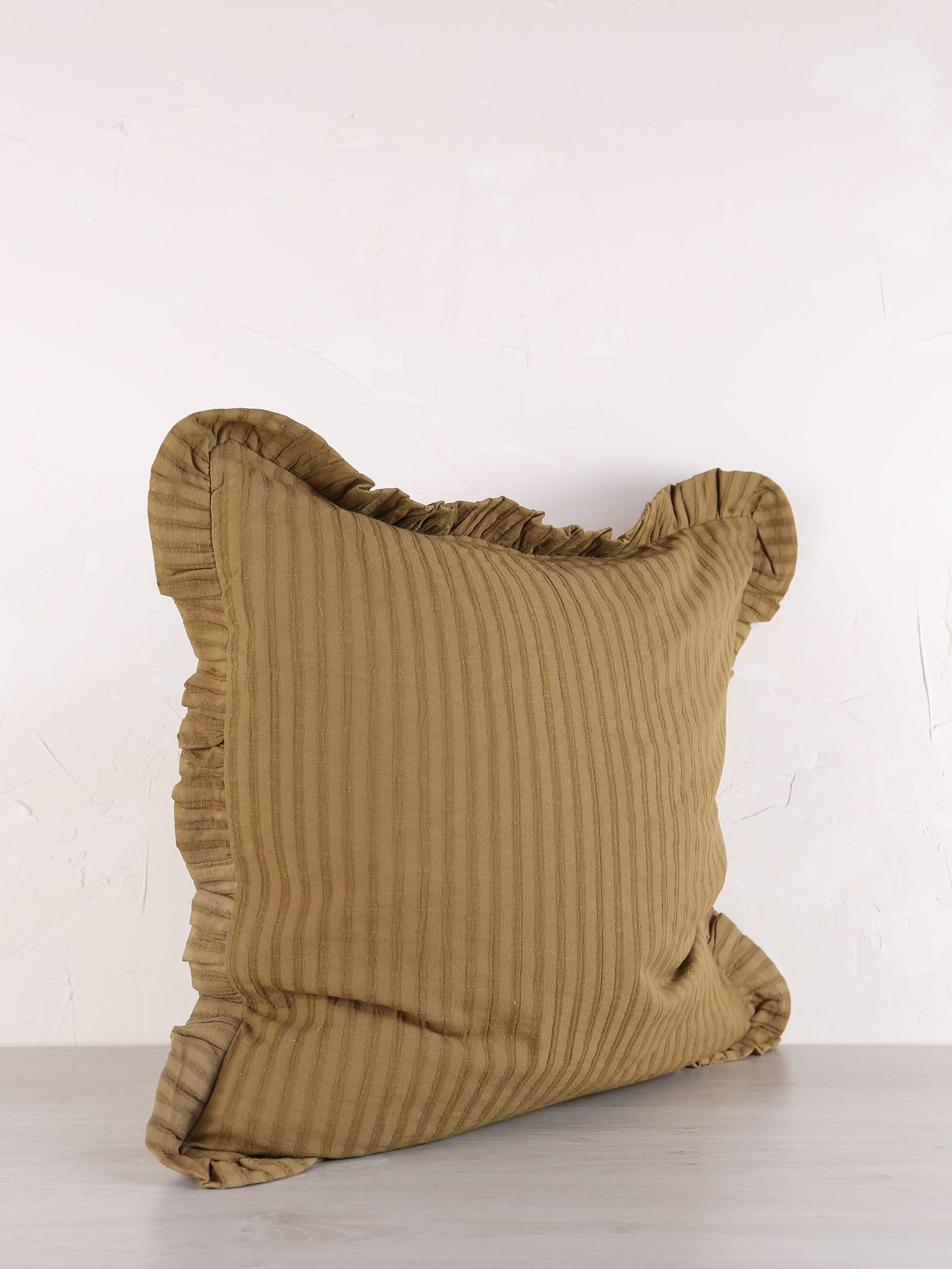 Rubie Ruffled Stripe Cotton Cushion - Tapenade