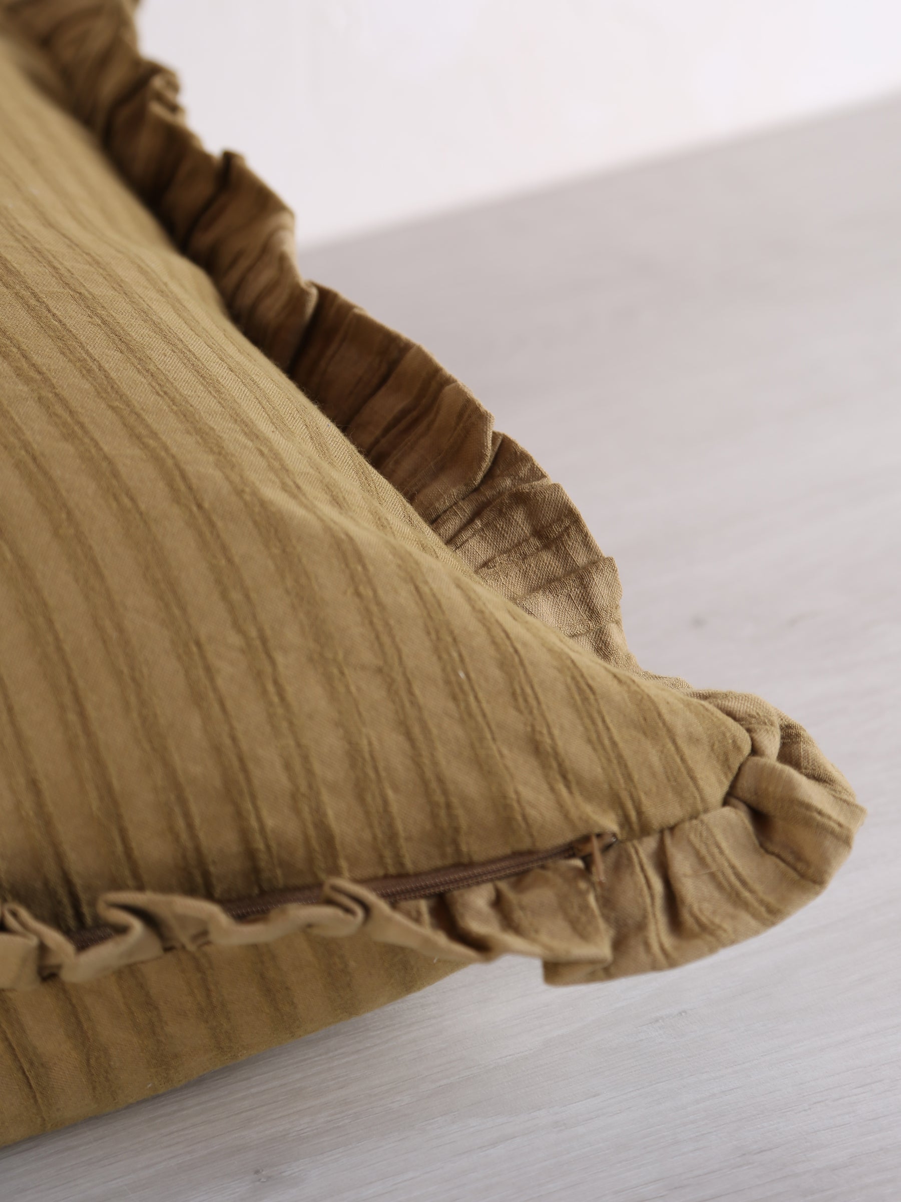 Rubie Ruffled Stripe Cotton Cushion - Tapenade