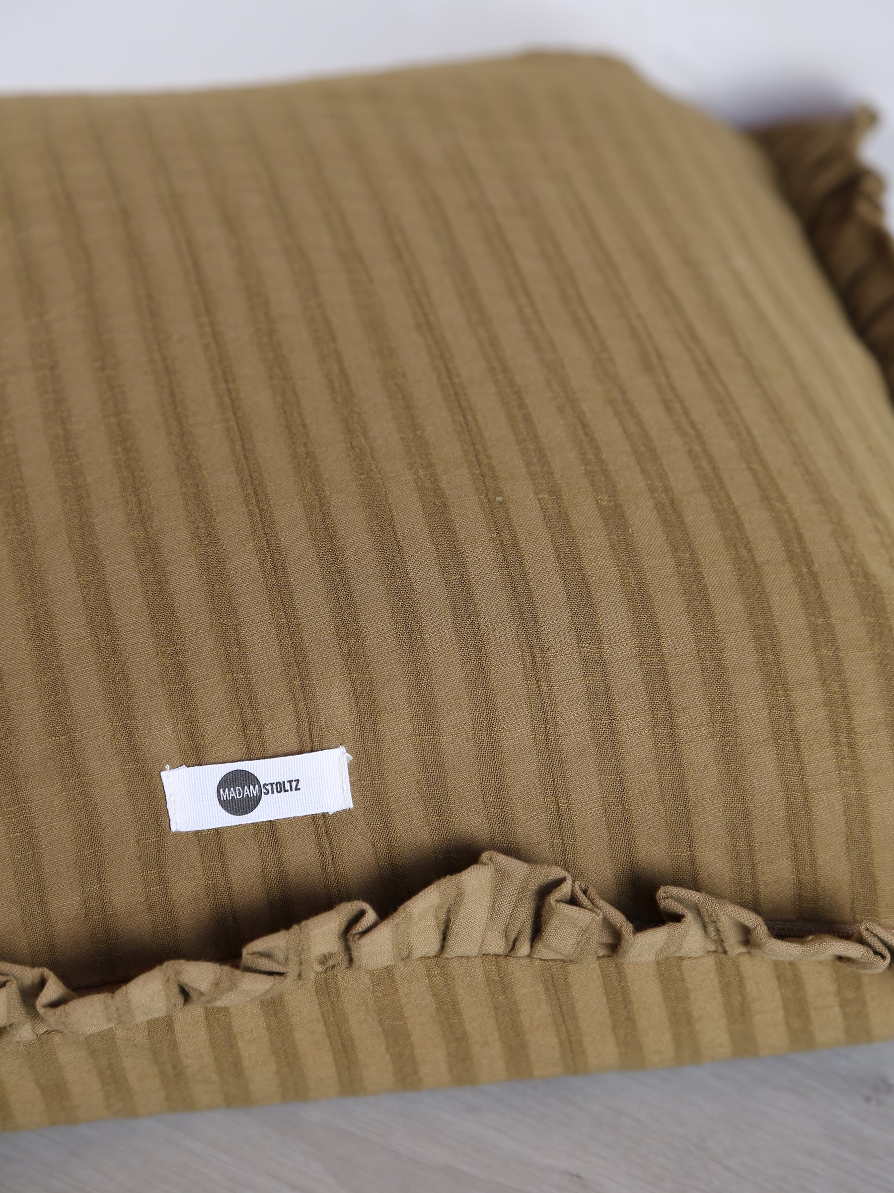 Rubie Ruffled Stripe Cotton Cushion - Tapenade