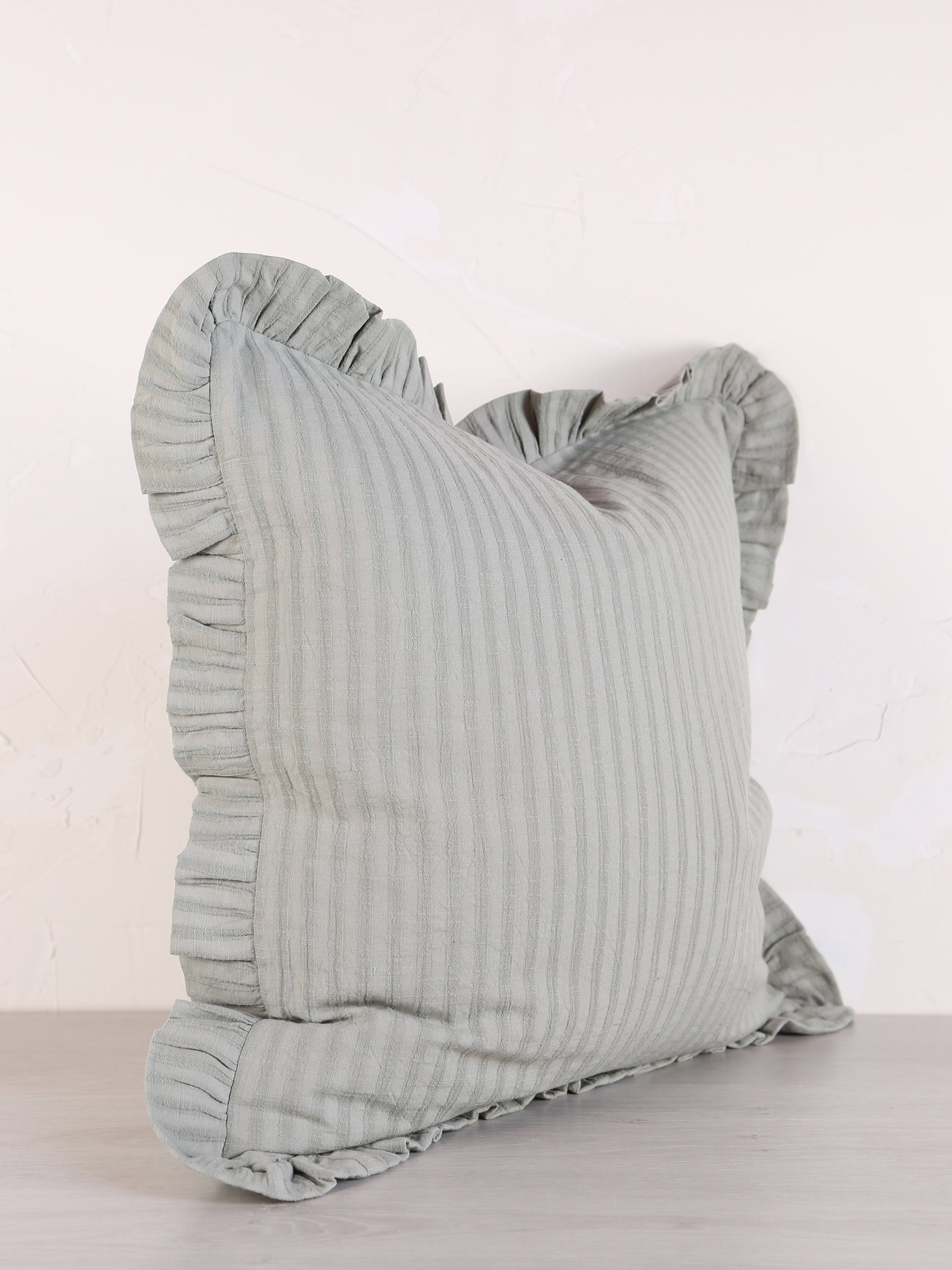 Rubie Ruffled Stripe Cotton Cushion - Silver Green