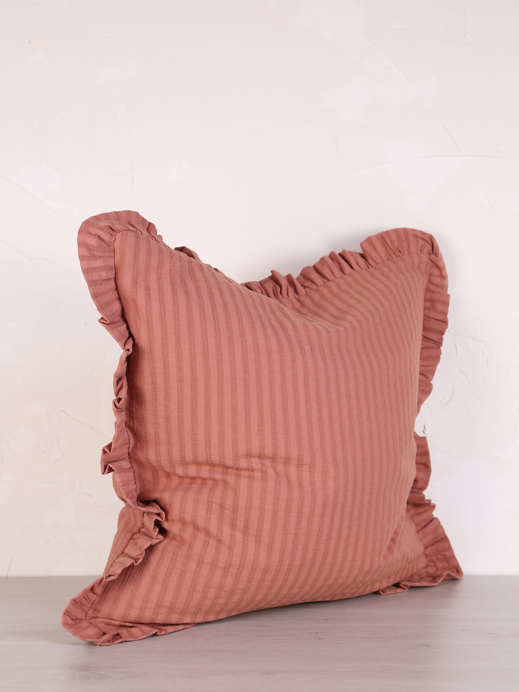 Rubie Ruffled Stripe Cotton Cushion - Maroon