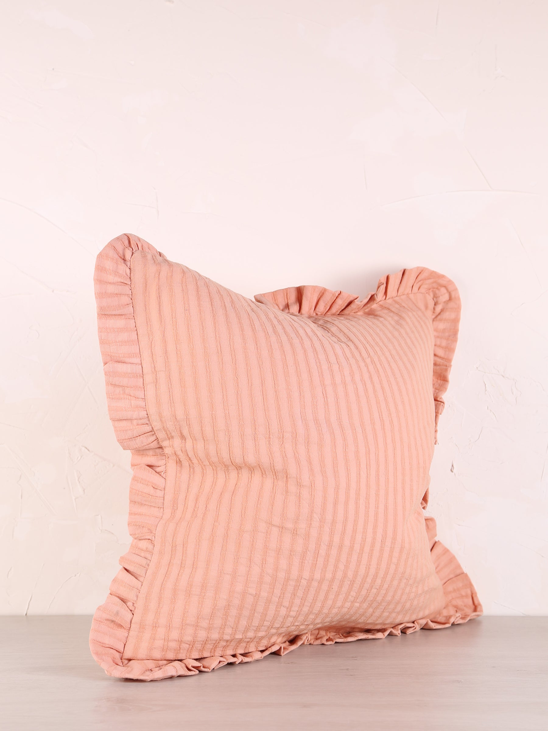 Rubie Ruffled Stripe Cotton Cushion - Peach Pink