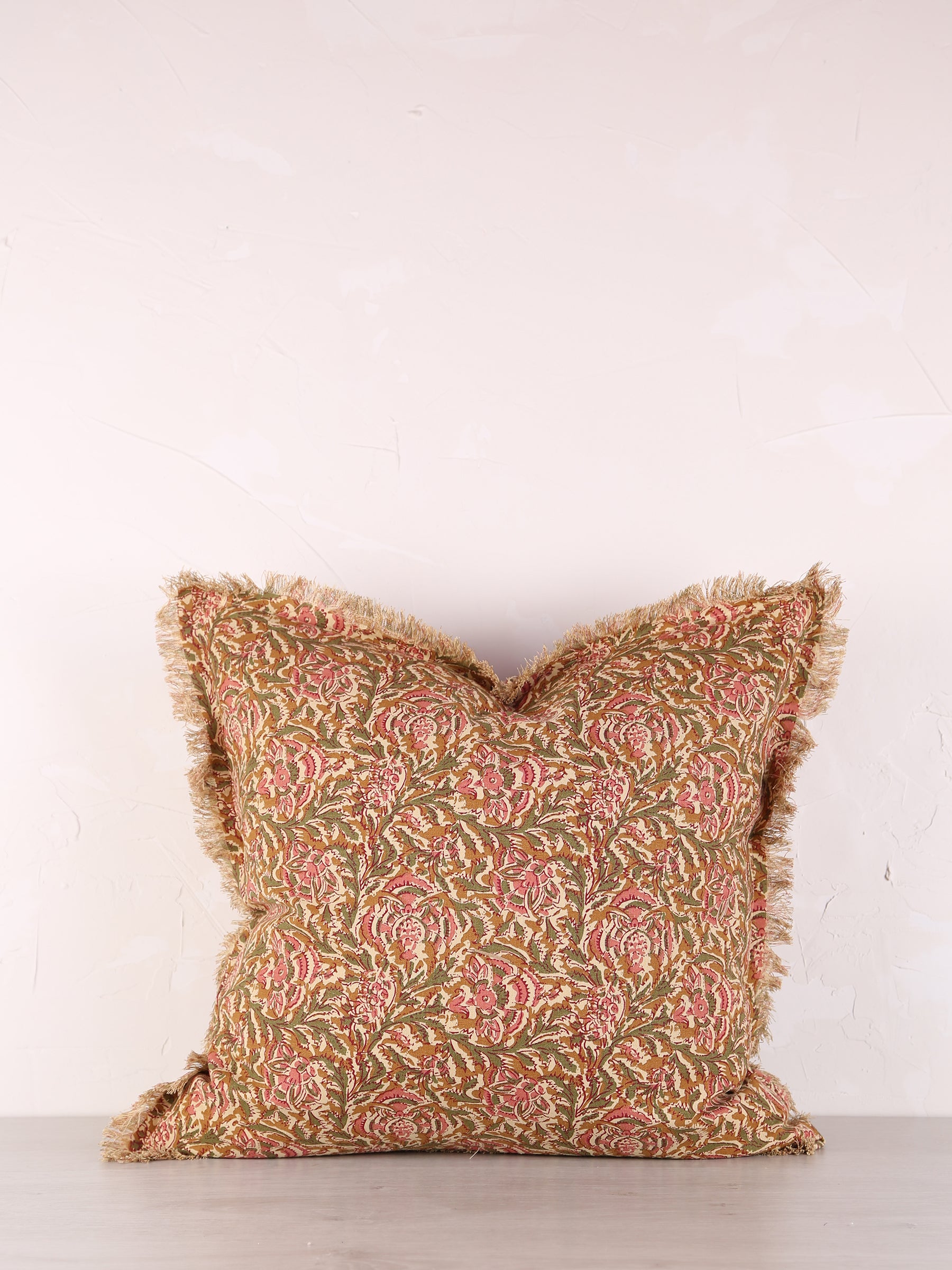 Paisley Printed Cushion with Fringe - Honey, Rose, Green & Off White