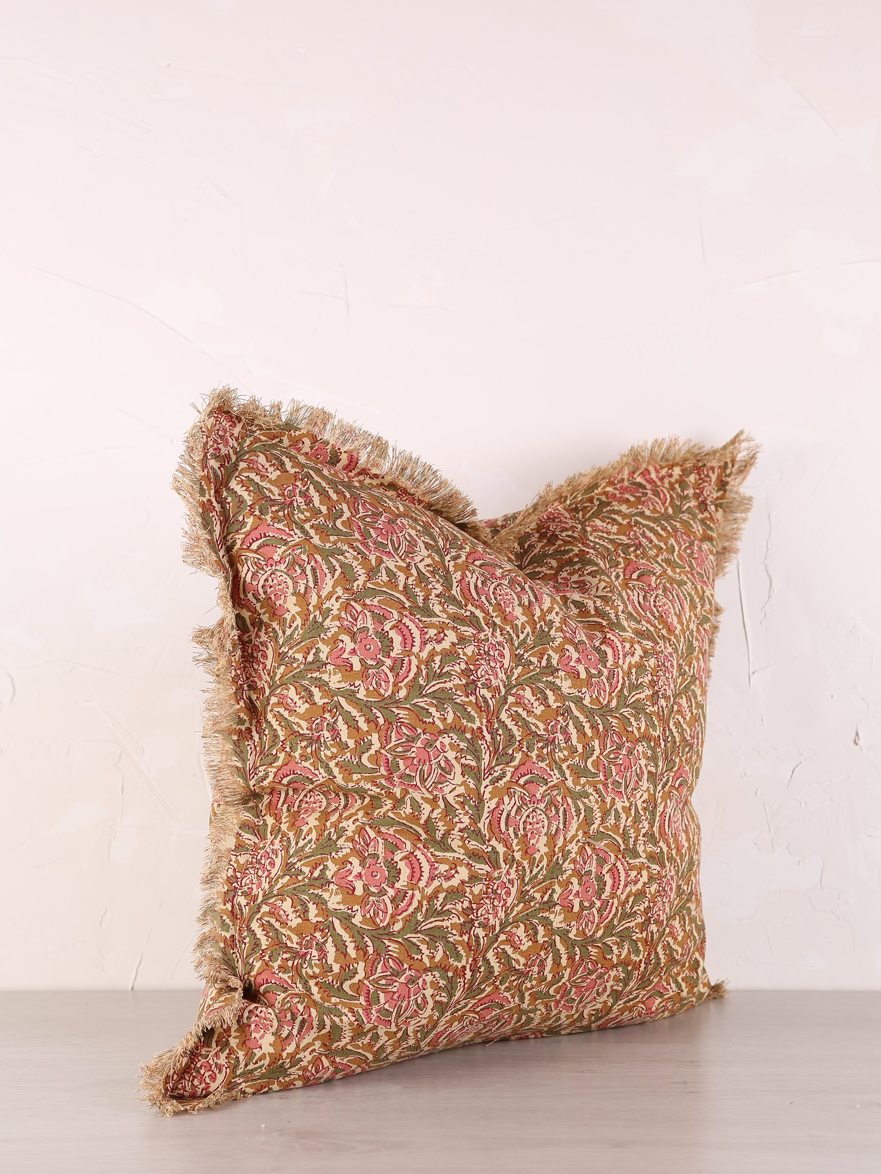 Paisley Printed Cushion with Fringe - Honey, Rose, Green & Off White