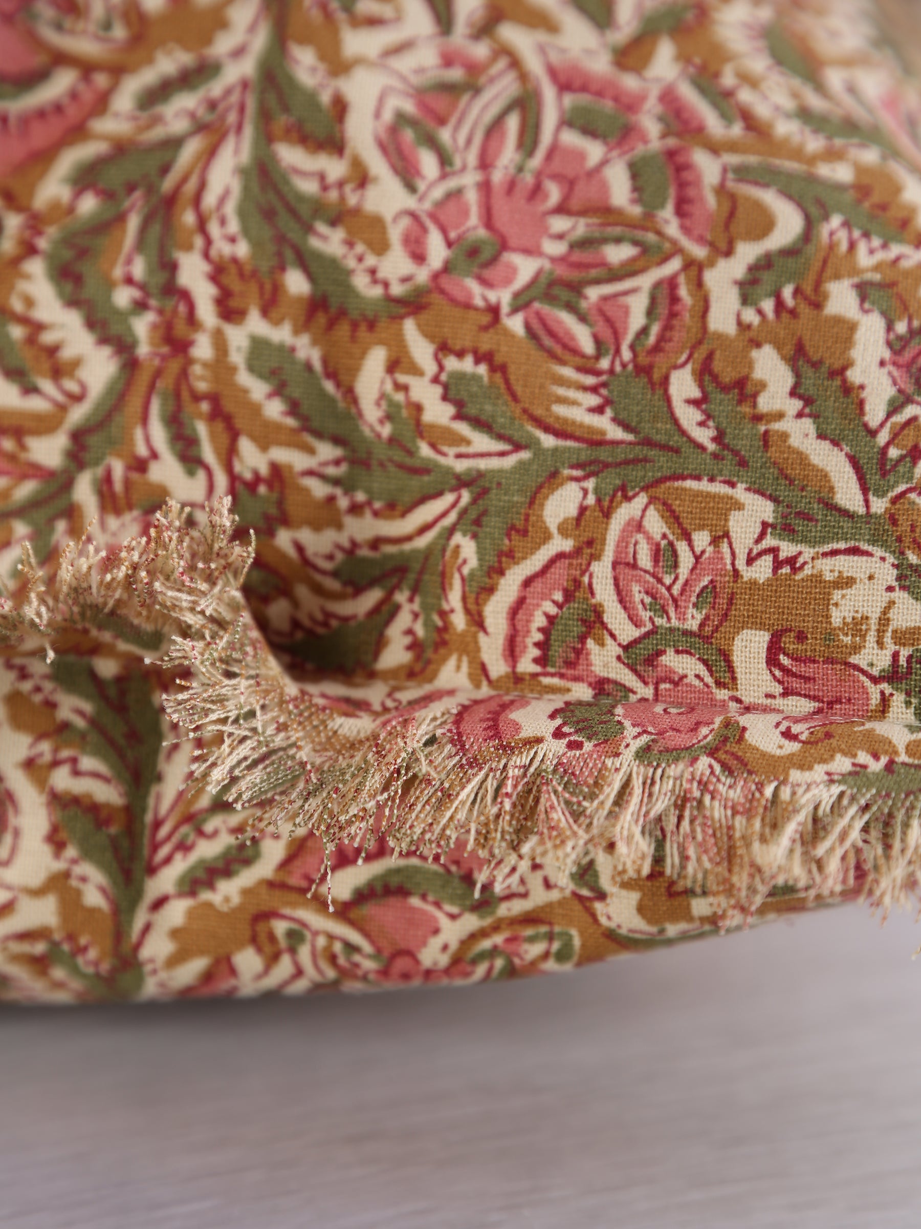 Paisley Printed Cushion with Fringe - Honey, Rose, Green & Off White