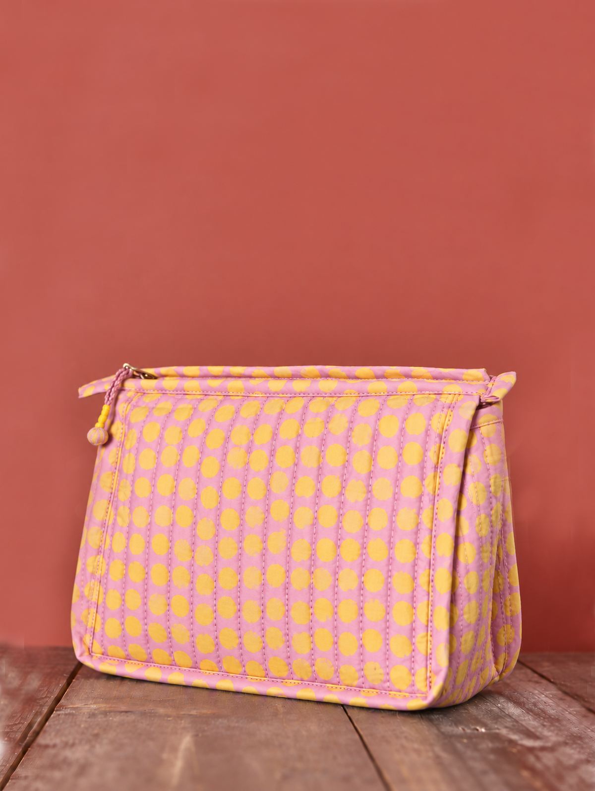 Dotted Quilted Cotton Washbag - Pink, Yellow