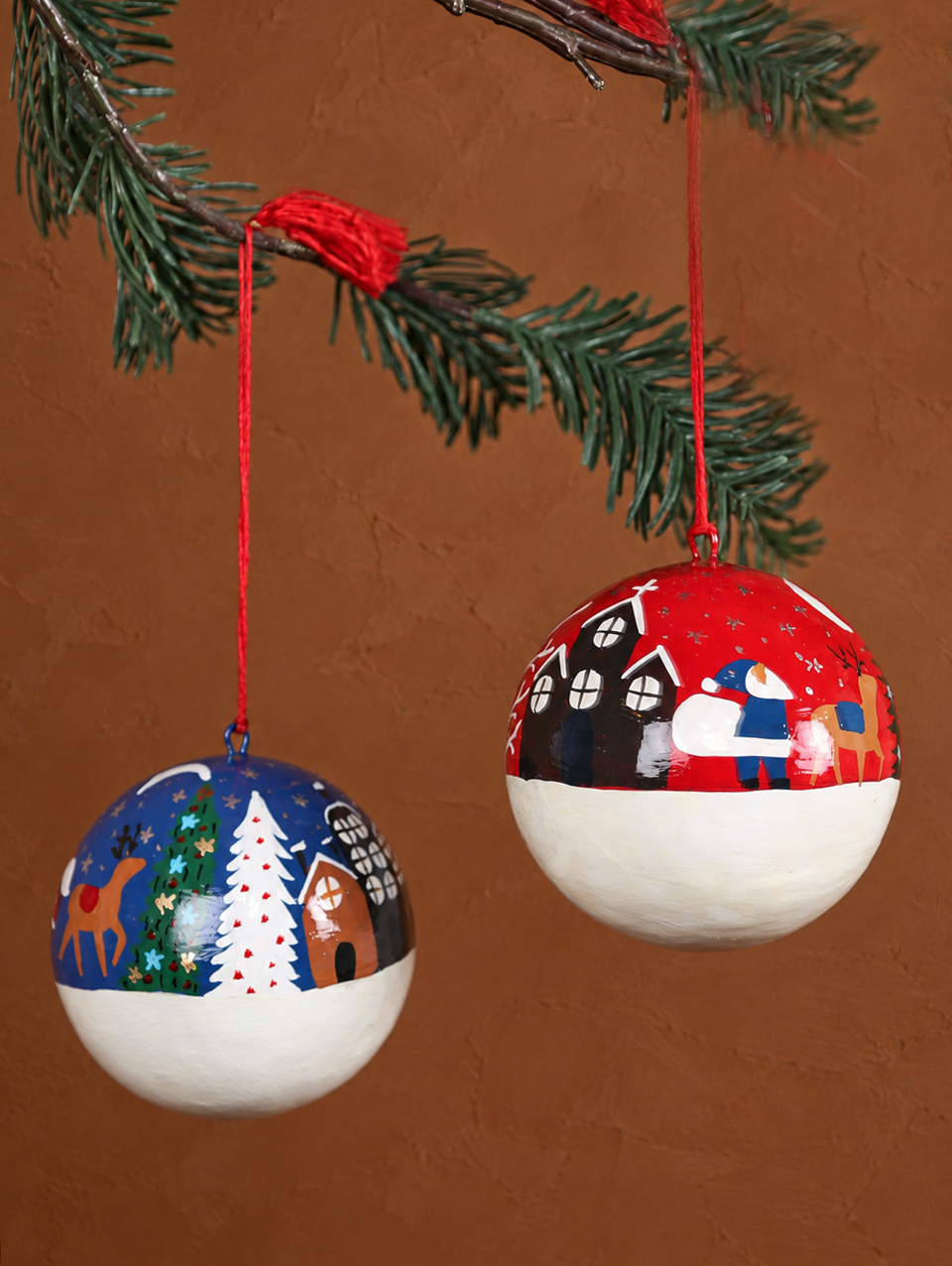 Handmade Paper Mache Christmas Baubles - Set Of 2
