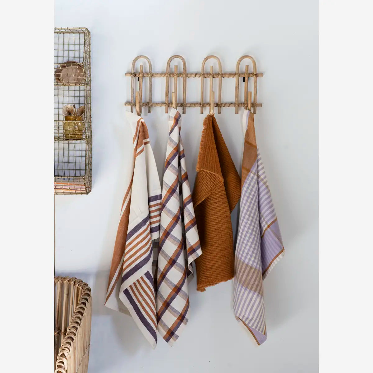Checked Kitchen Tea Towel - Caramel, Purple