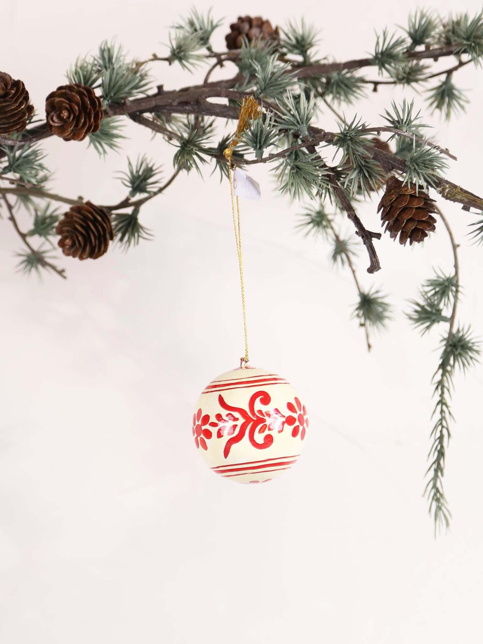 Hand painted paper Mache Christmas bauble - White