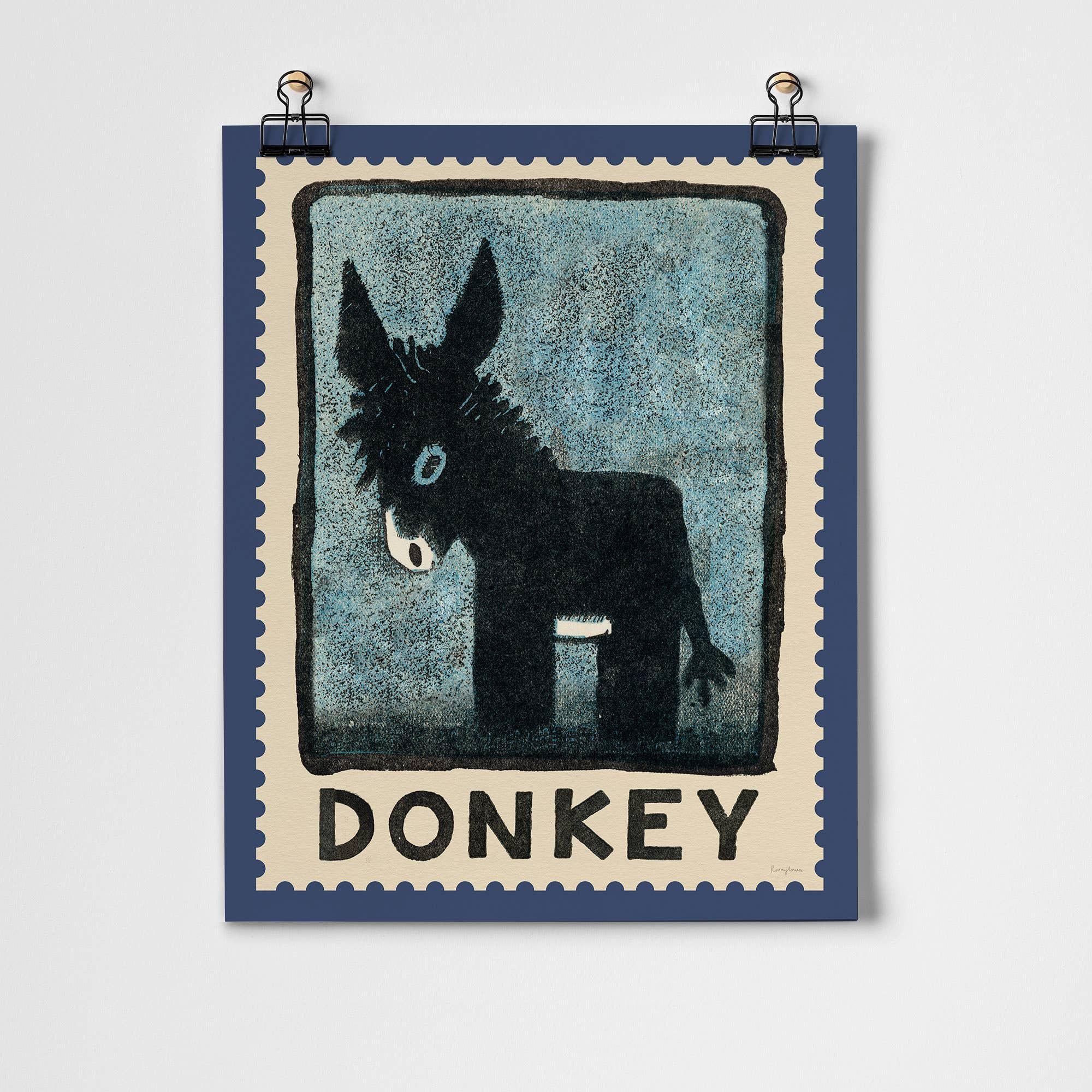 Donkey Vintage Stamp - A3 Giclee Print