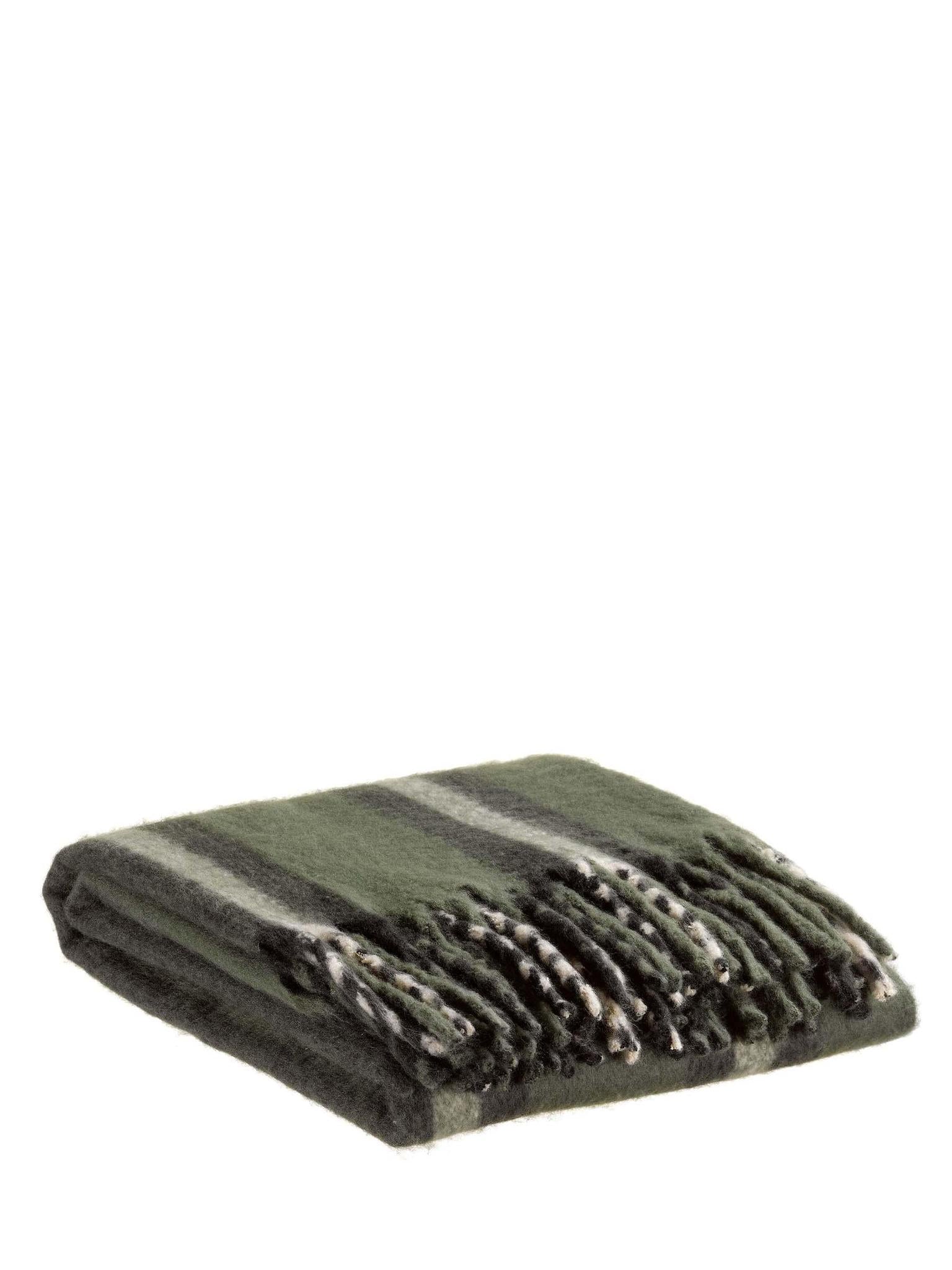 Isabel Recycled Striped Fringed Throw - Olive, Sage