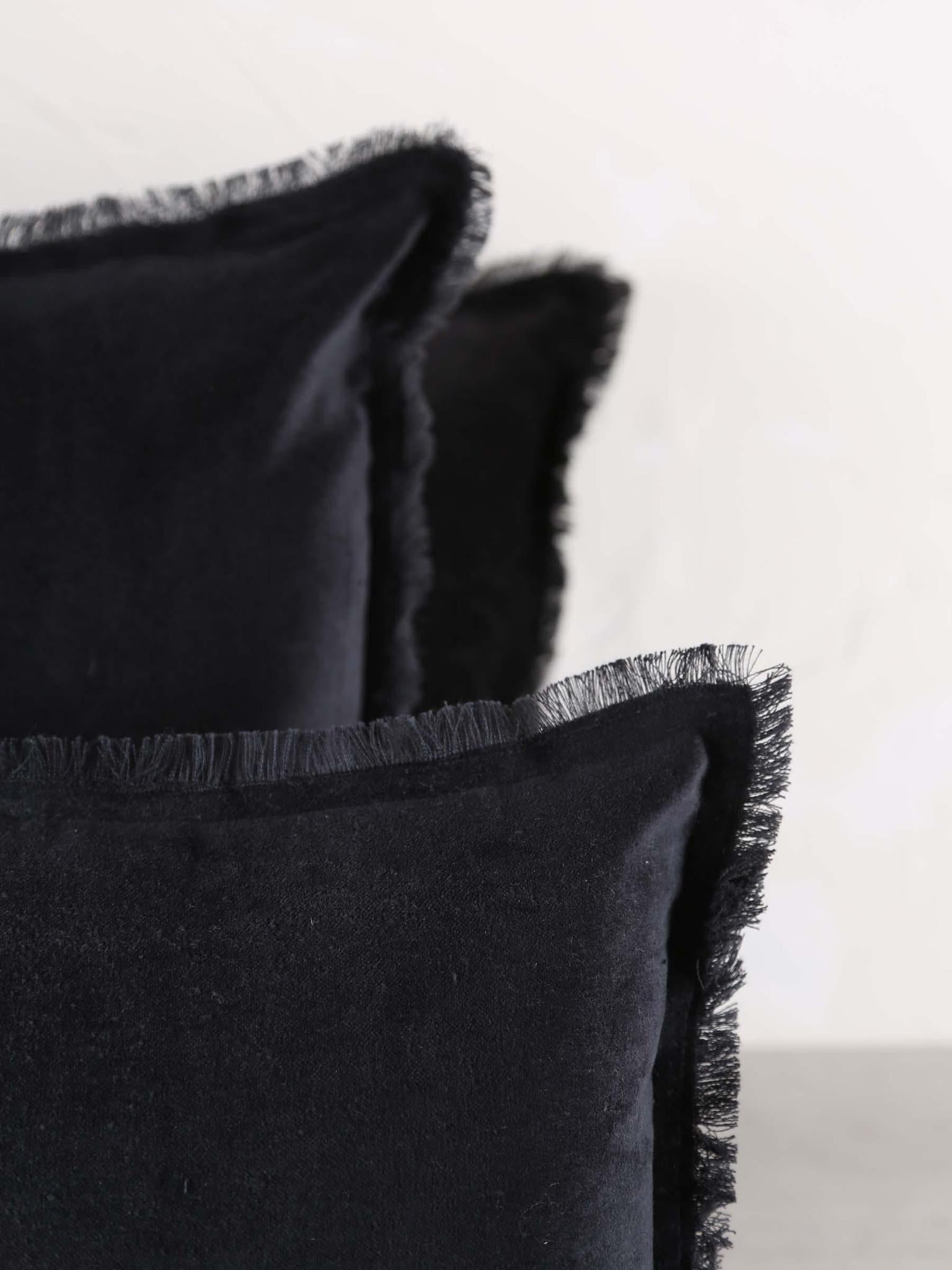 Fara Fringed Velvet Cushion - Caviar - 3 Sizes Available