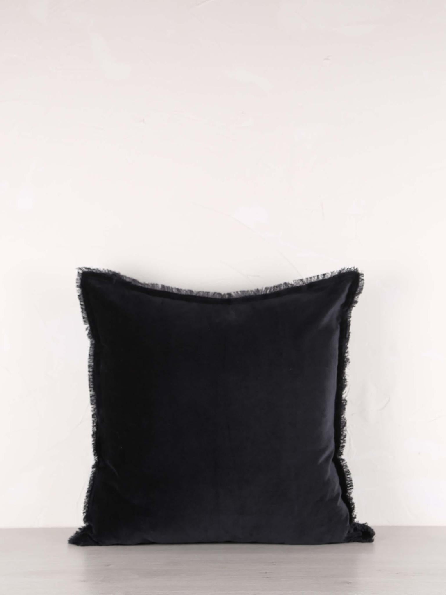 Fara Fringed Velvet Cushion - Caviar - 3 Sizes Available